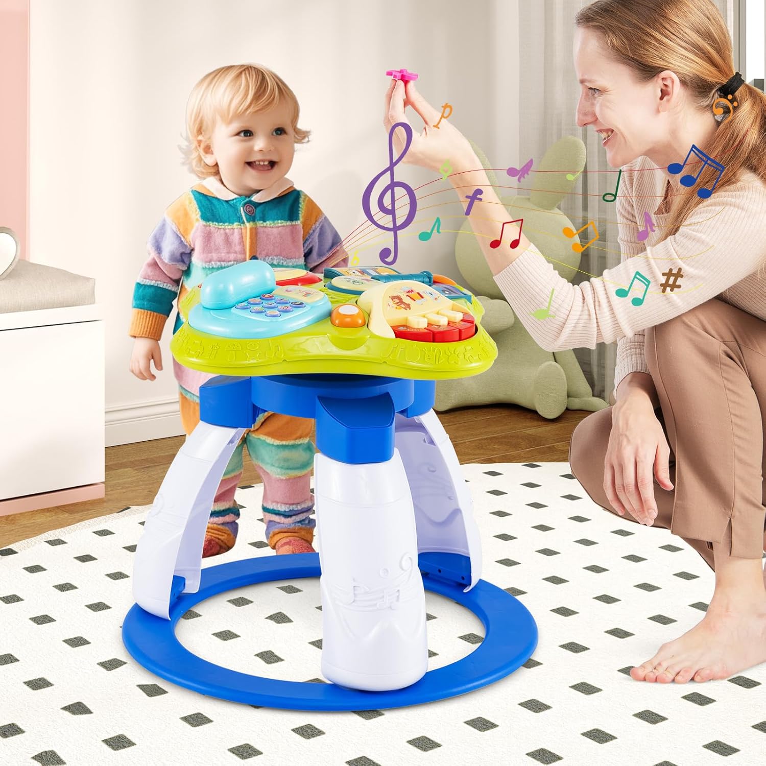 INFANS 3 in 1 Walk Around Baby Activity Center, Baby Walker with Play Table, Wheels, Detachable Seat Cushion, 3 Adjustable Heights, Learning Toys for Boys Girls Aged 6-36 Months (Blue)