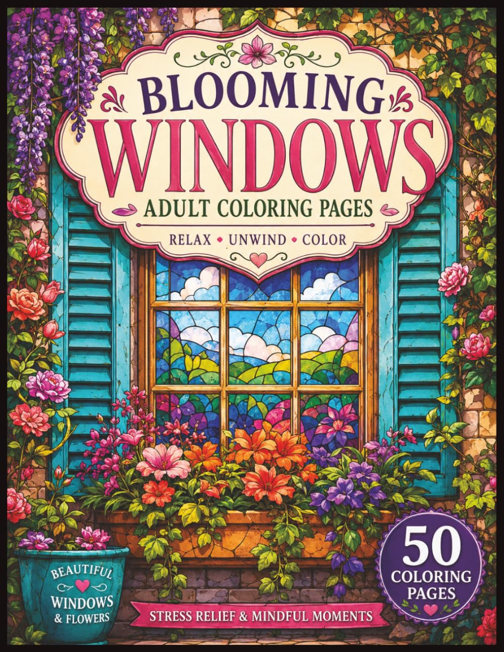 Blooming Windows: 50 Beautiful Window and Flower Coloring Pages for Adults, Relaxation, and Mindful Creativity