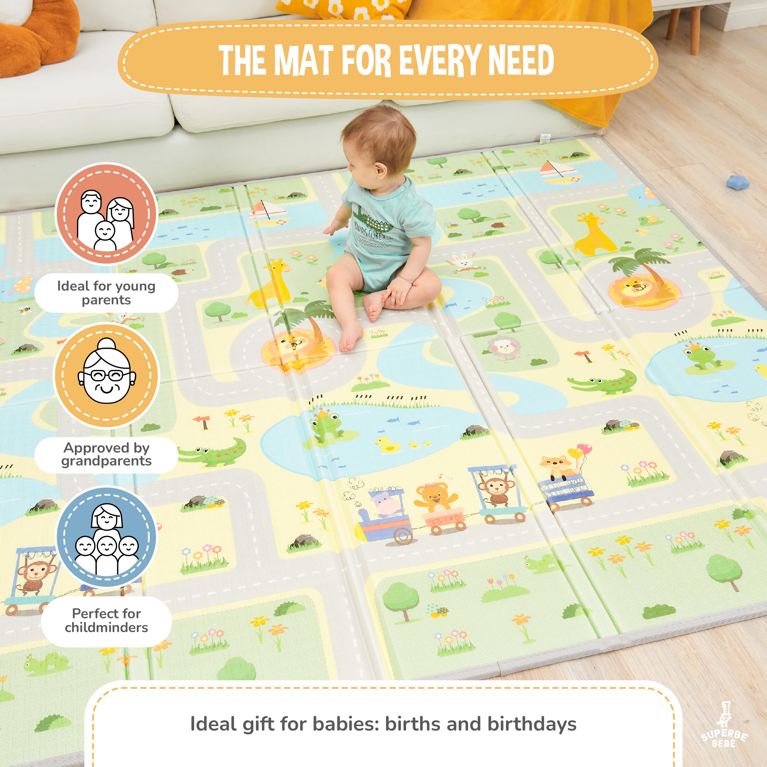 Tappeto Gioco Bambini Pieghevole 150x180x1cm Palestrina Neonato Montessori Reversibile Non Tossico E Impermeabile In Schiuma Per Bimbi. Palestra Neonati - Tappeto Tummy Time Neonati - Regalo Bambino