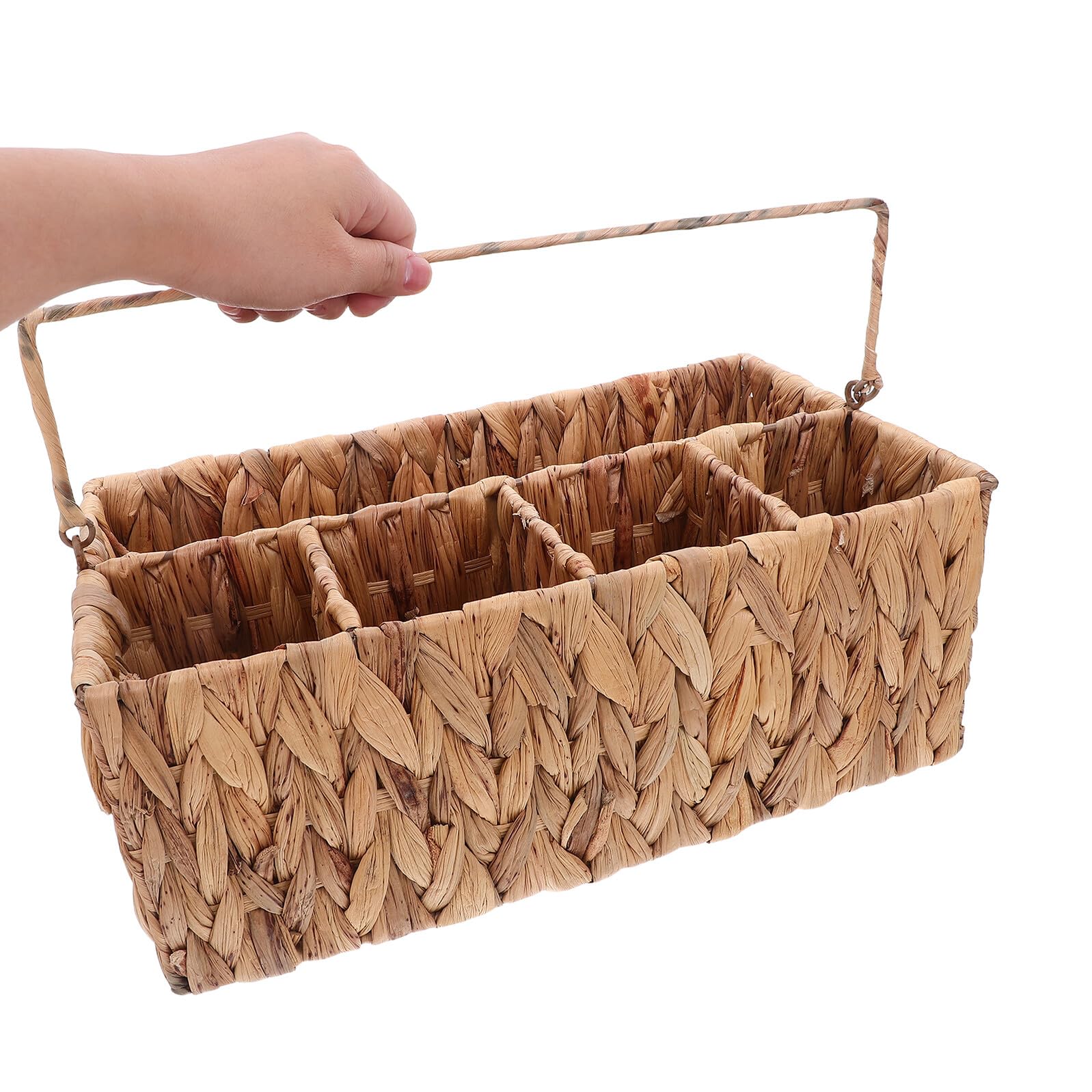 LABRIMP Wiklinowy Organizer Sztućce z Przegródkami Ręcznie Pleciony Koszyk z Trawy Do Przechowywania Przyborów Kuchennych Praktyczny Pojemnik Sztućce Do Pikniku Naturalny Kosz z Uchwytem