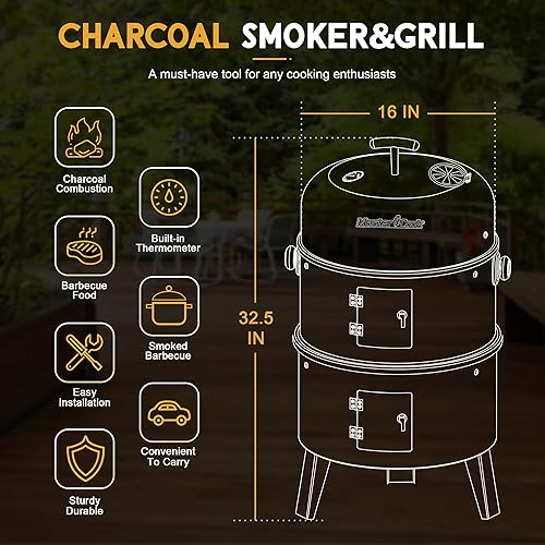Miniatura 4 de MASTER COOK Ahumador de carbón de 16 pulgadas, parrilla vertical para barbacoa, hoguera 4 en 1 resistente con termómetro integrado y sistema de