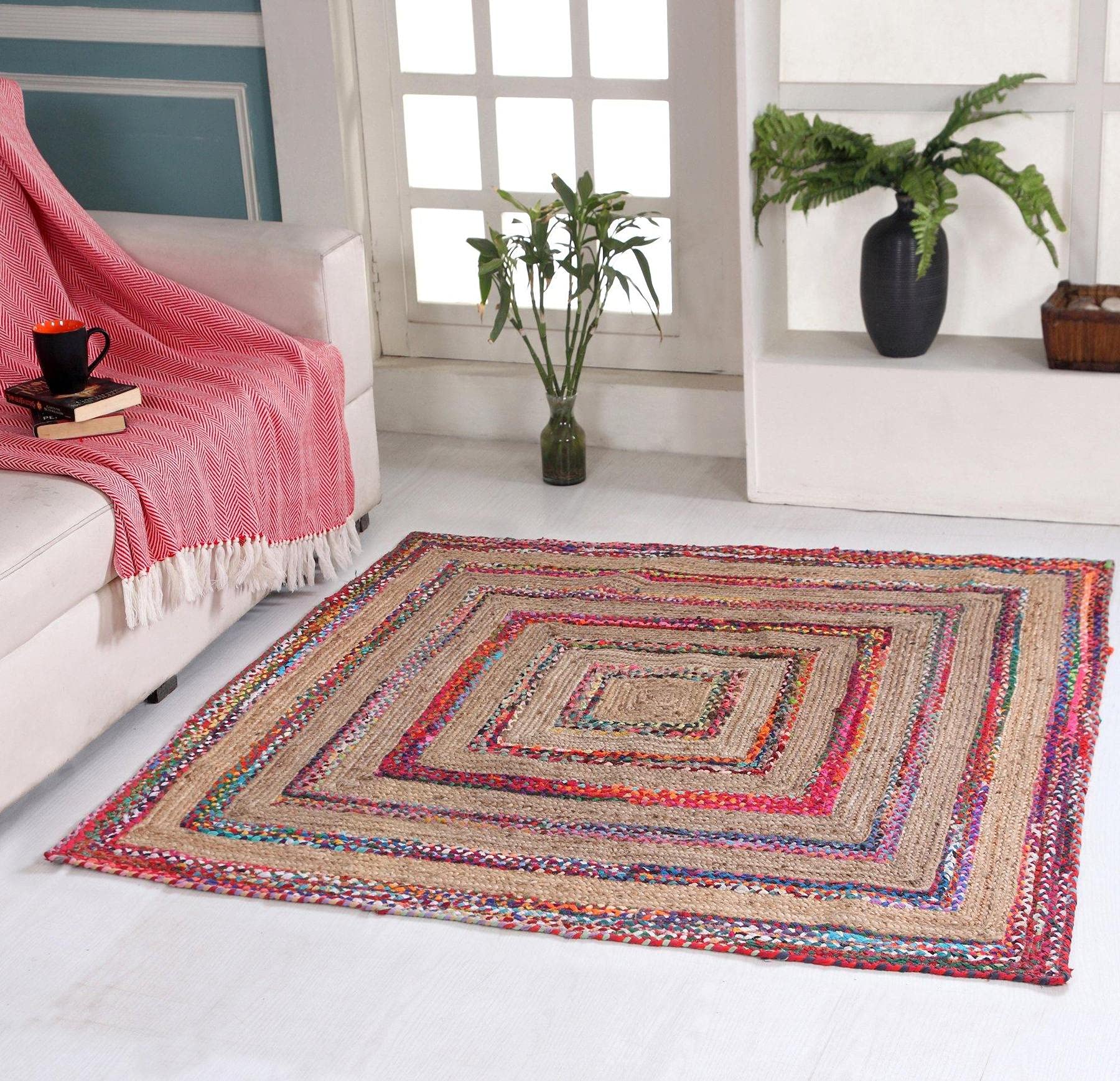 Fiesta Eco Friendly - Tappeto quadrato intrecciato a righe spesse a trama piatta, in iuta naturale e materiale riciclato multicolore, 150 x 150 cm