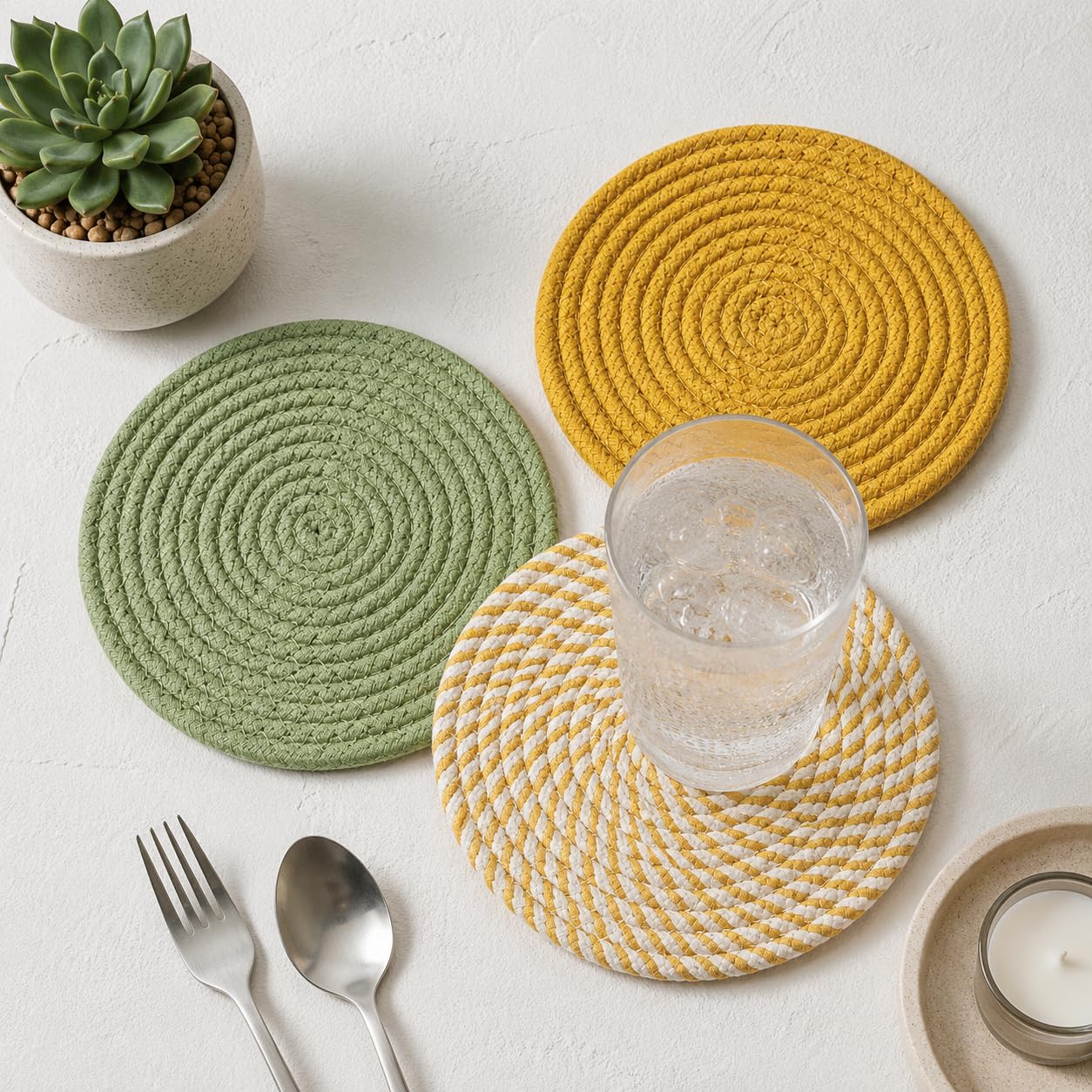 Yellow Cotton Trivet Set of 3 for Dining Table, Centre Table, Side-Table, and Kitchen Countertop. Absorbent, Sturdy. Keep hot Pans and pots (18cms)