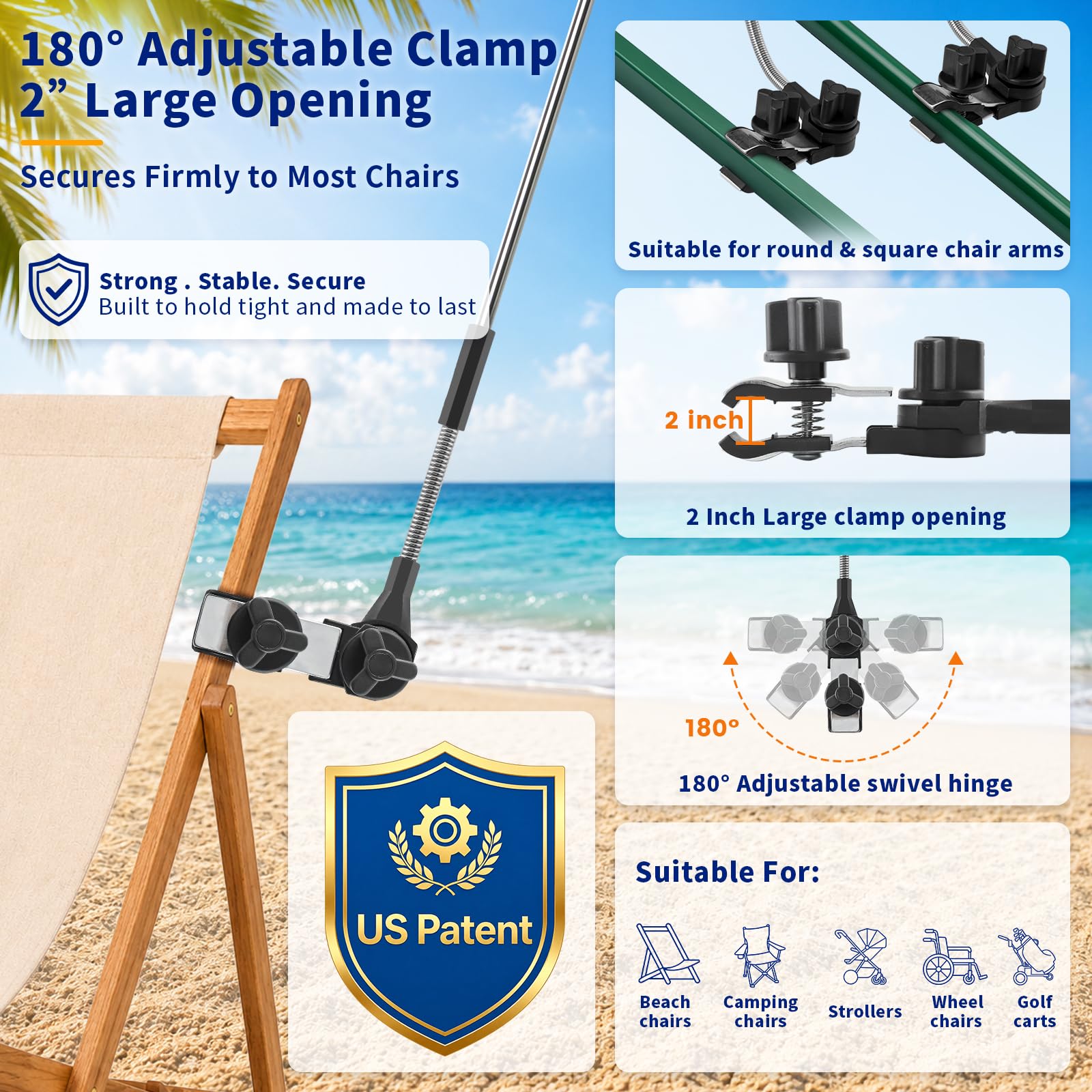 Sonnenschirm mit Klemme, LSF 50+, 360° drehbar, tragbar, zum Anklippen, Sonnenschirm für Strandkorb, Camping, Golf, Kinderwagen, Rollstuhl, freihändiger Schatten, 10–15 % zusätzlicher Schatten mit