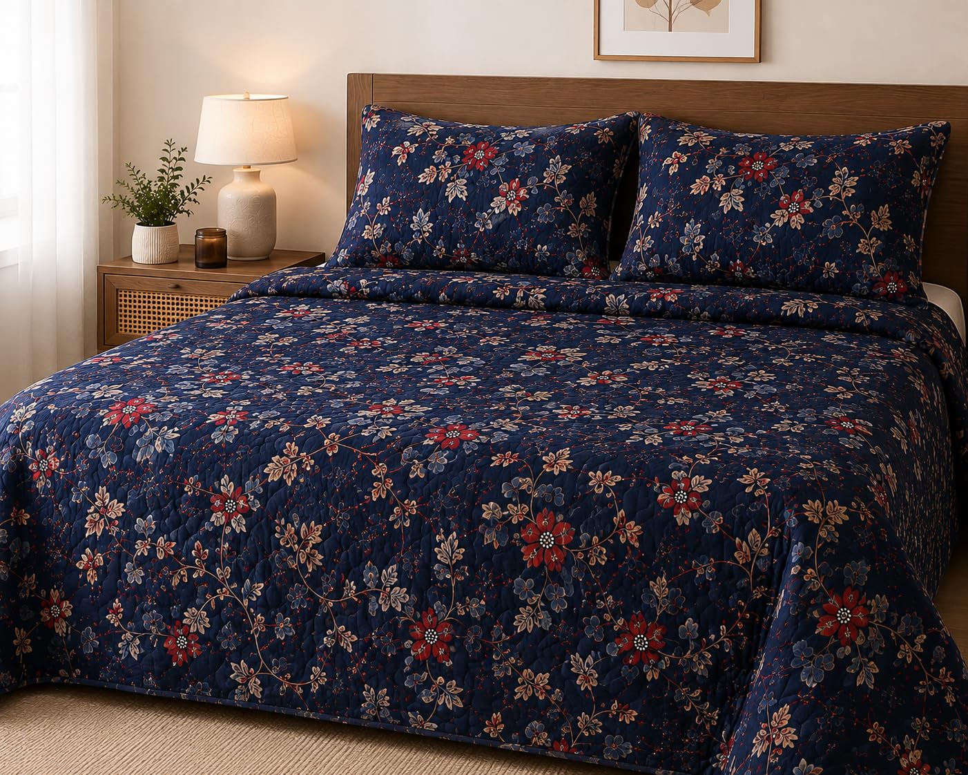 Premium Quilted Bedspread Set for Double Bed, 90 × 100 Inches, 3-Piece Bedding Set with 2 Matching Pillow Covers, Floral Bedcover, Navy Blue-image-5
