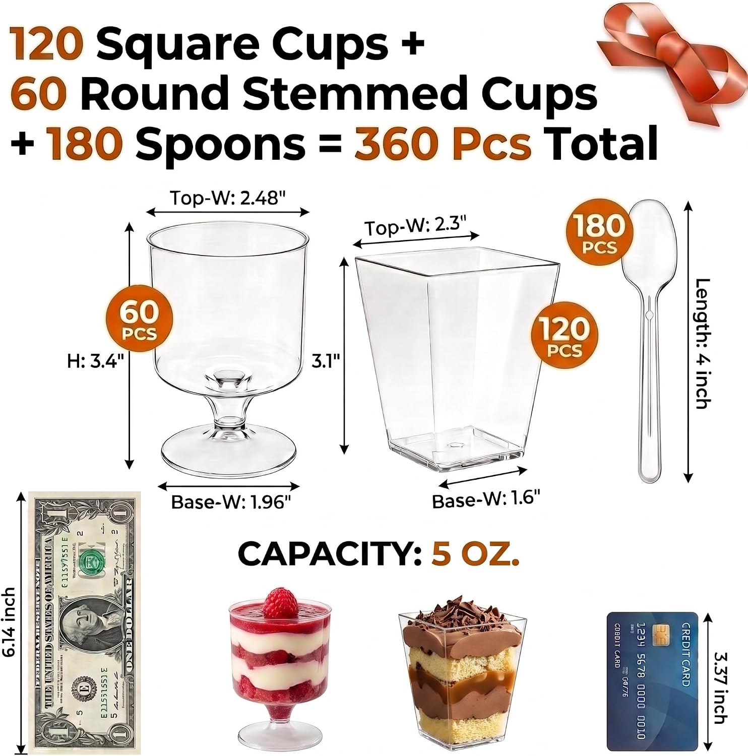 360 Pack Clear Plastic Dessert Cups with Spoons, 5 Oz Yogurt Parfait Cups For Dessert, Pudding, Fruit, Jello and Ice Cream, Mini Appetizer Shooter Cups For Party, Wedding and Celebrations