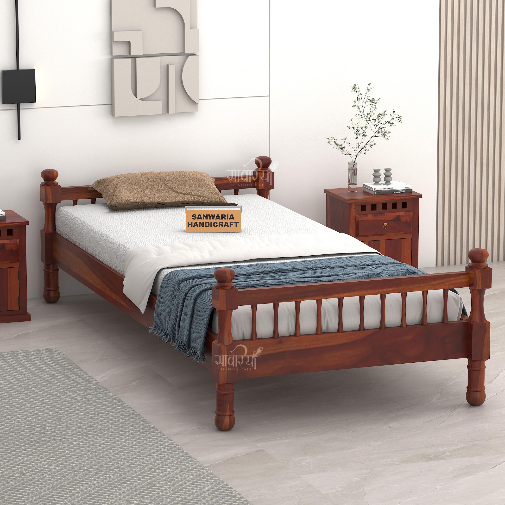 SANWARIA HANDICRAFT Solid Sheesham Wood Single Bed Furniture for Bedroom | Single Size cot diwan Palang | Wooden Hostel Bed for Home (Mahogany)-image-34
