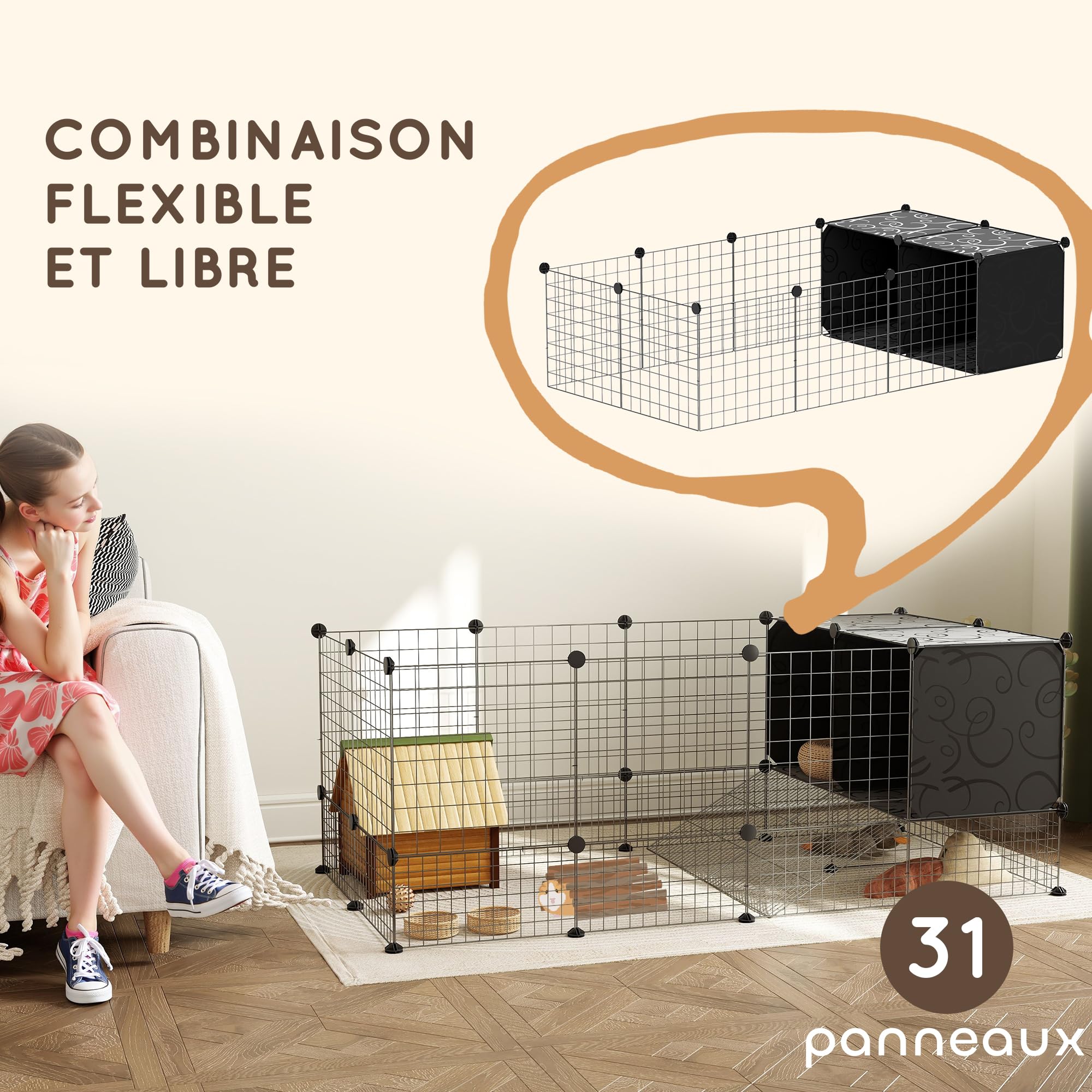 PawHut Enclos pour Petits Animaux, Cage à Lapin modulable, 31 Panneaux avec niches surélevées, Parc clôture pour Animaux domestiques intérieur pour cochons d'Inde, Lapins, hérissons, en Acier, Noir