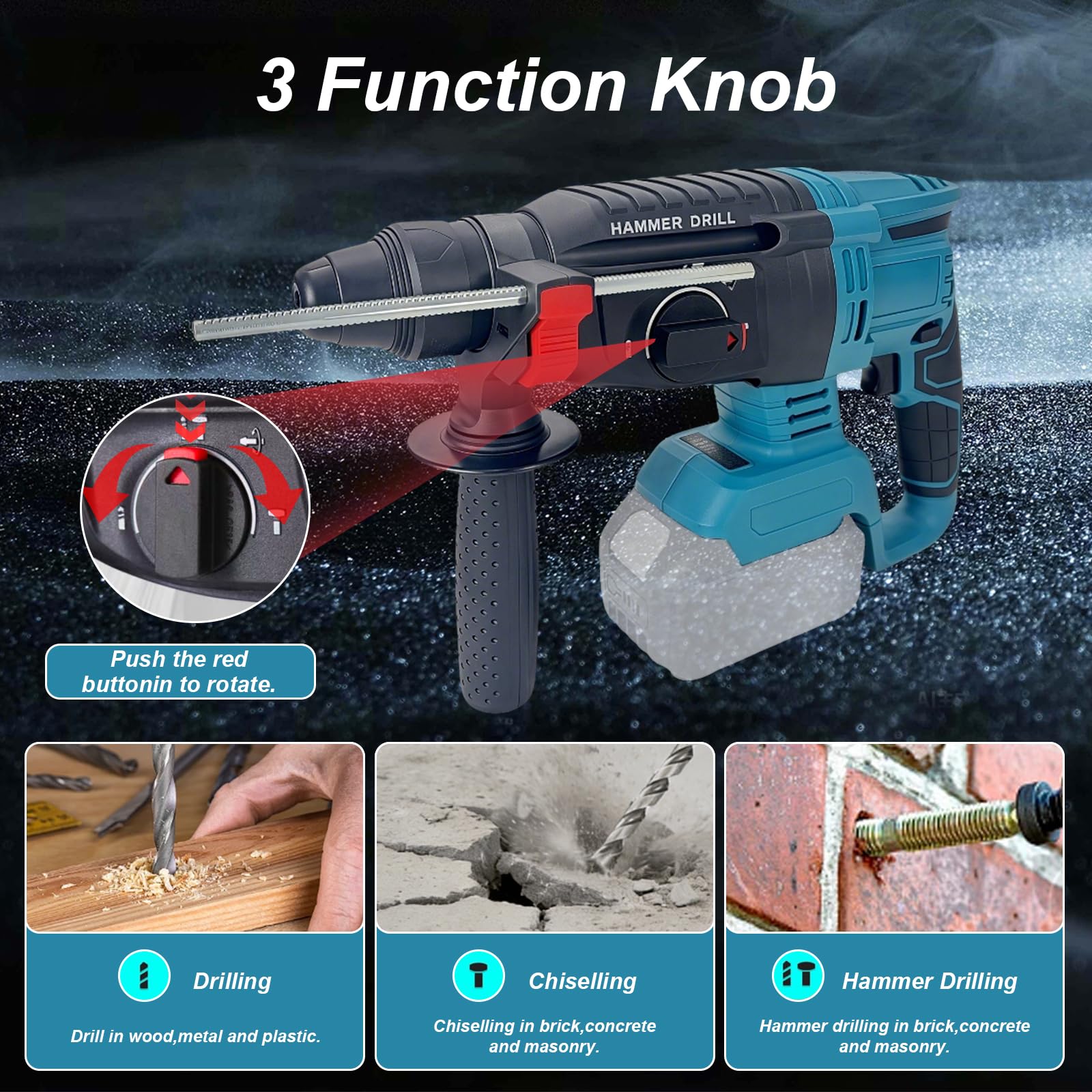 2,6 J Taladro Percutor a Bateria Compatible con Makita 18V, Martillo Perforador 1300W con Empuñadura Antivibración, Martillo Demoledor para Hormigón/Mampostería/Madera/Metal (Batería no Incluida)