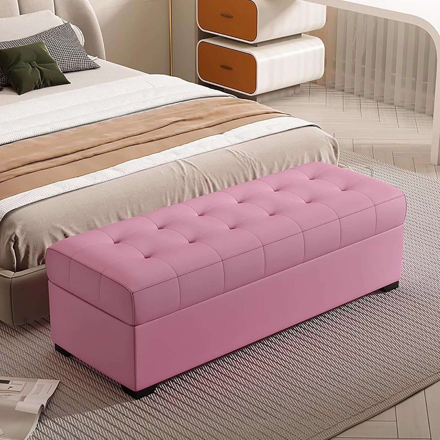 Green Faux Leather Storage Pouf - Quilted Footrest Ottoman with Hidden Compartment Rectangular Design for Living Room and Bedroom (24x16x16 Inches)