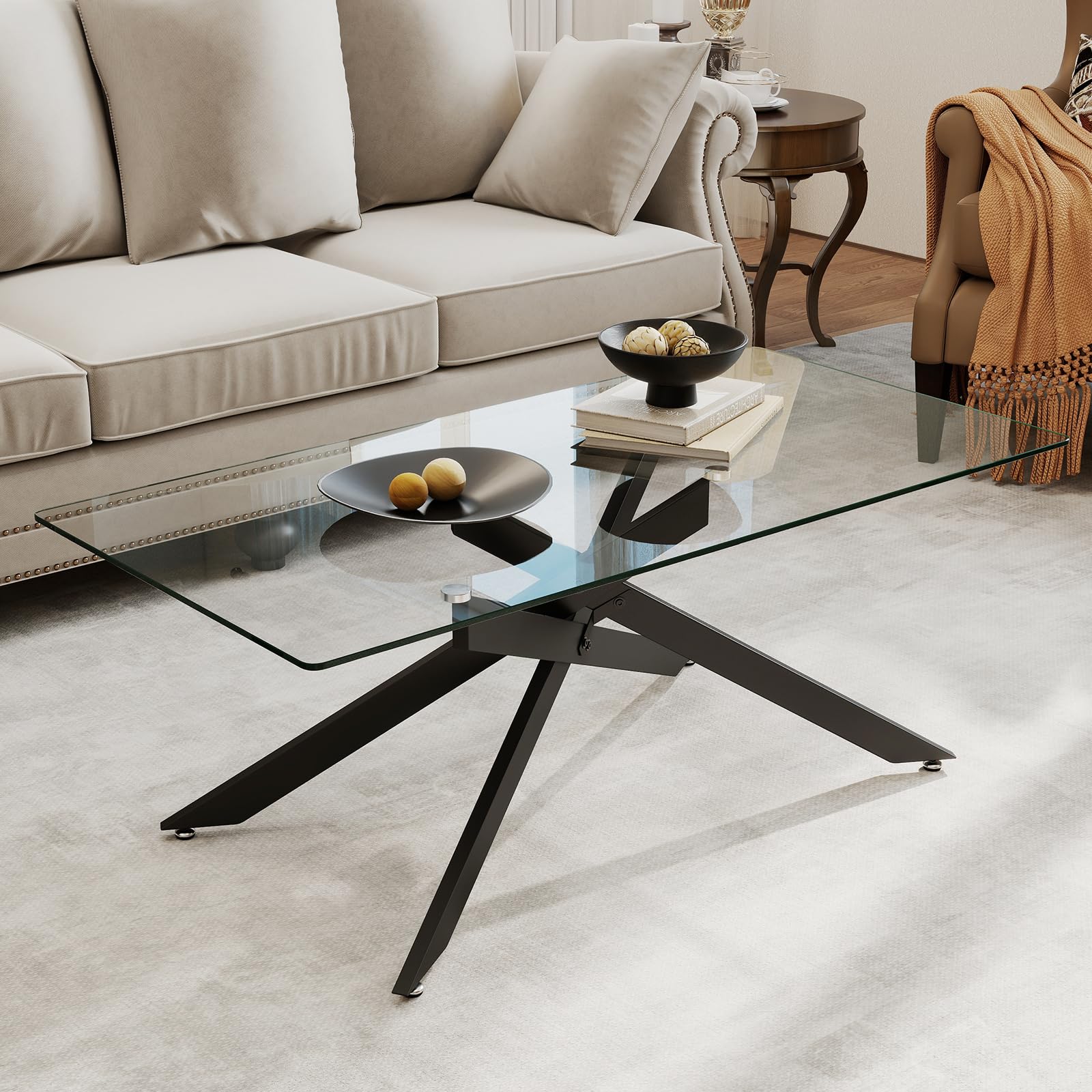 COSTWAY Mesa de Centro de Cristal, Mesa Central Rectangular con Tapa de Cristal Templado y Patas Tubulares de Metal, Mesita de Café Moderna para Salón Oficina Apartamento, 120 x 60 x 45,5 cm (Negro)