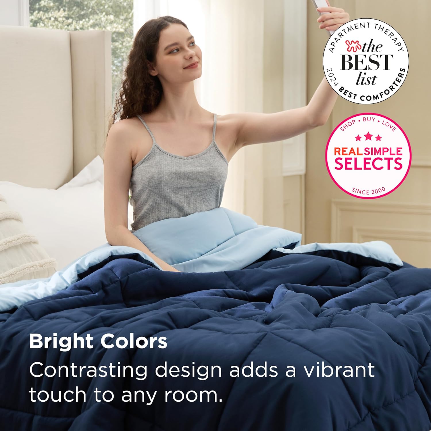 Bedsure Comforters Queen Size - Duvet Insert Contrast Down Alternative Comforter Quilted All Season Duvet with 8 Tabs, Machine Washable, Gifts for Women, Navy Blue/Blue, Queen 88 x 88 Inches