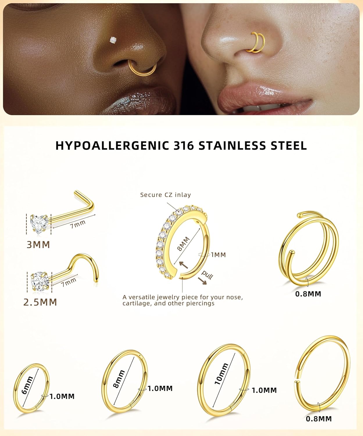 Leocuci Nose Piercings Studs Hoop Nose Rings for Women Jewelry