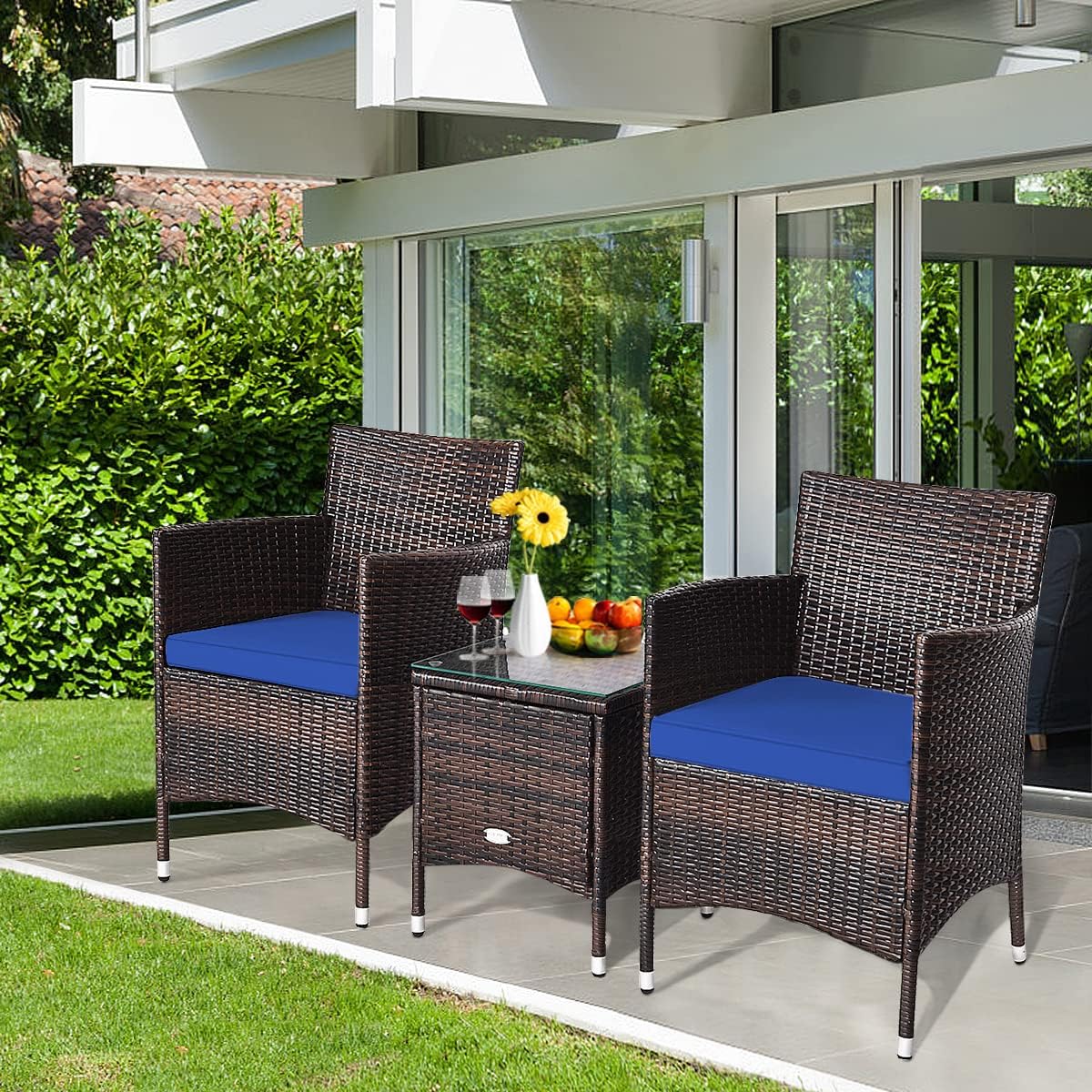 KOTEK 3 Piece Patio Furniture, Outdoor Wicker Conversation Set w/Glass Top Coffee Table, Thick Cushions, Rattan Bistro Set for Patio, Garden, Porch, Lawn (Navy)