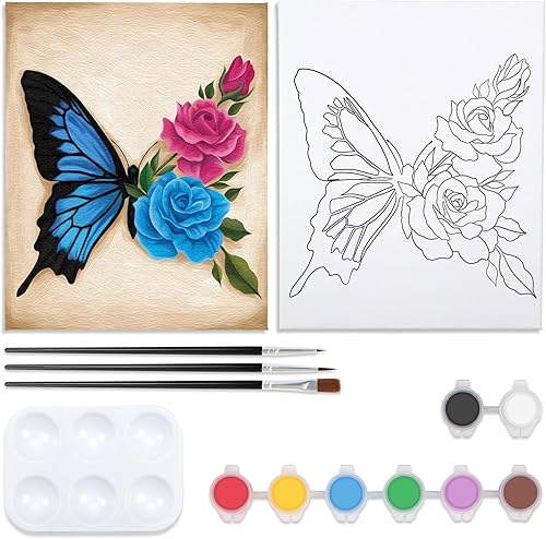 Miniatura 6 de Kit de pintura de lienzo de 8 x 10 pulgadas, lienzo predibujado para pintar para adultos, lienzo estirado, regalo de cumpleaños, floral, mariposa,