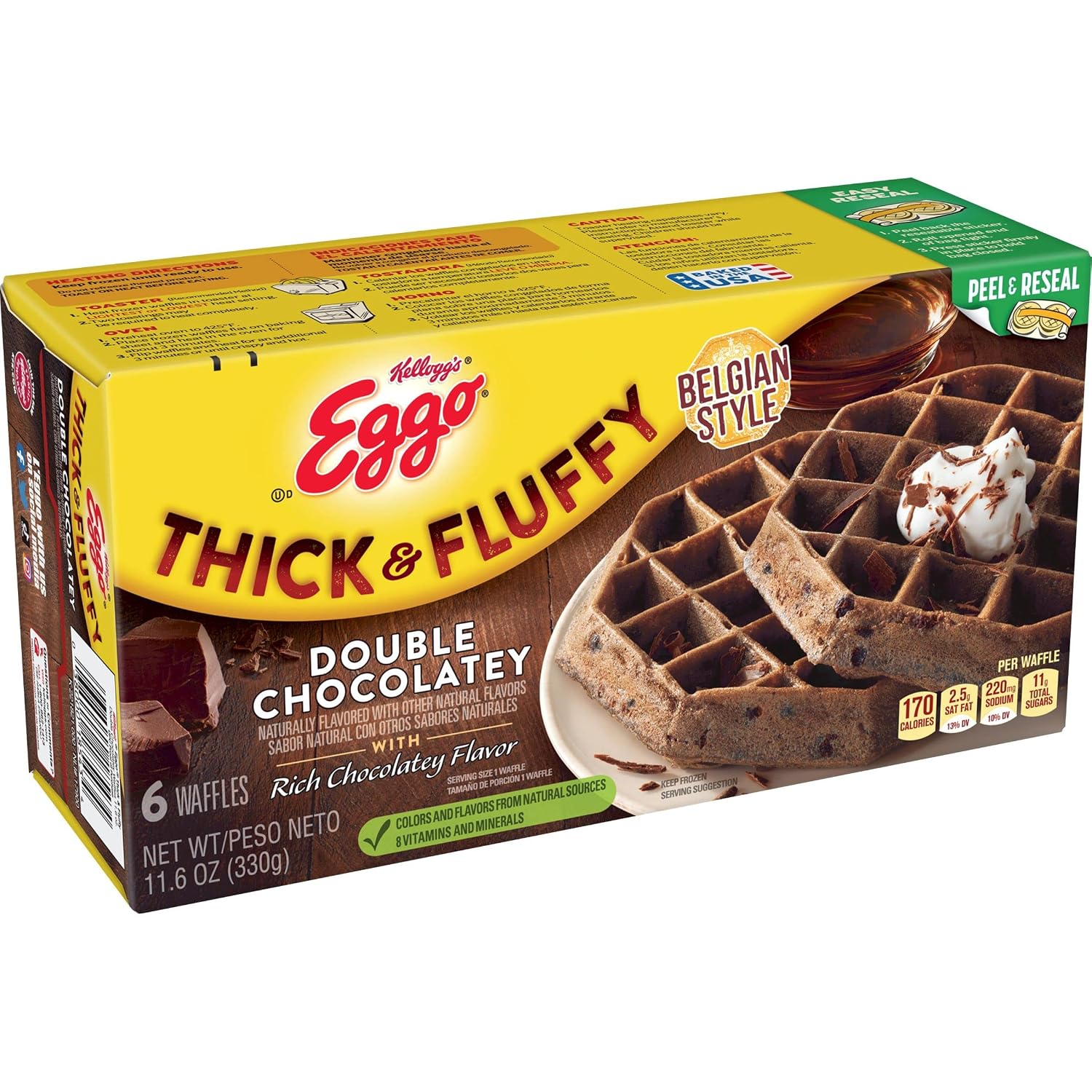 Eggo Thick and Fluffy Frozen Waffles, Frozen Breakfast, Resealable, Belgian Style, Double Chocolatey, 11.6oz Box (6 Waffles)
