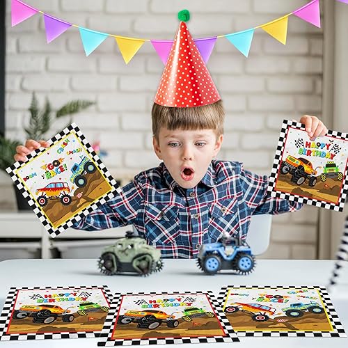 Miniatura 4 de Servilletas Monster Trucks, suministros de fiesta de cumpleaños de Monster Machine, 40 servilletas de camión de máquina de feliz cumpleaños,