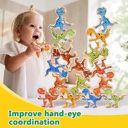 Miniatura 6 de Juguetes de dinosaurio apilables de madera para niños, 16 piezas de juguete de dinosaurio para niños de 3 a 5 años, juguetes Montessori, juego de