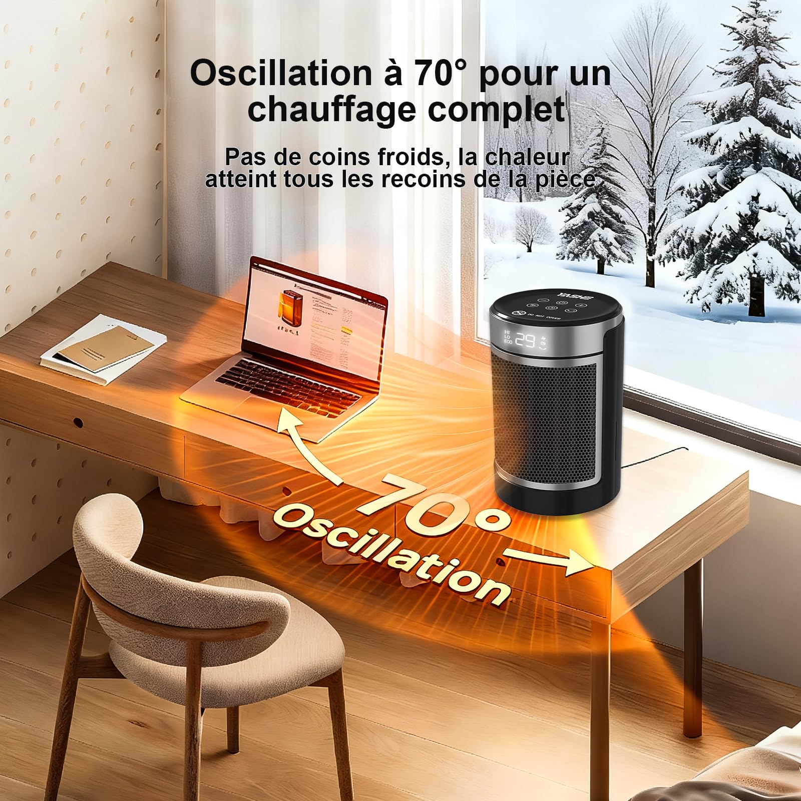 YASHE Chauffage d'Appoint électrique, Céramique PTC 1500W Radiateur Soufflant, Télécommande, Protection Anti-Basculement et Anti Surchauffe, Mode ECO, Minuterie 1-24 h, Sécurité Enfant