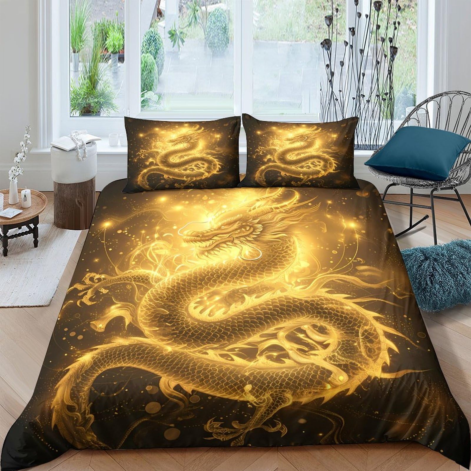 Ctjqhvkz Style-4 3D Printed Golden Dragon Fitted Sheet Microfiber Soft Anti-Slip Asian Art Bed Cover For Bedroom Dorm Decor Single（135X200cm）