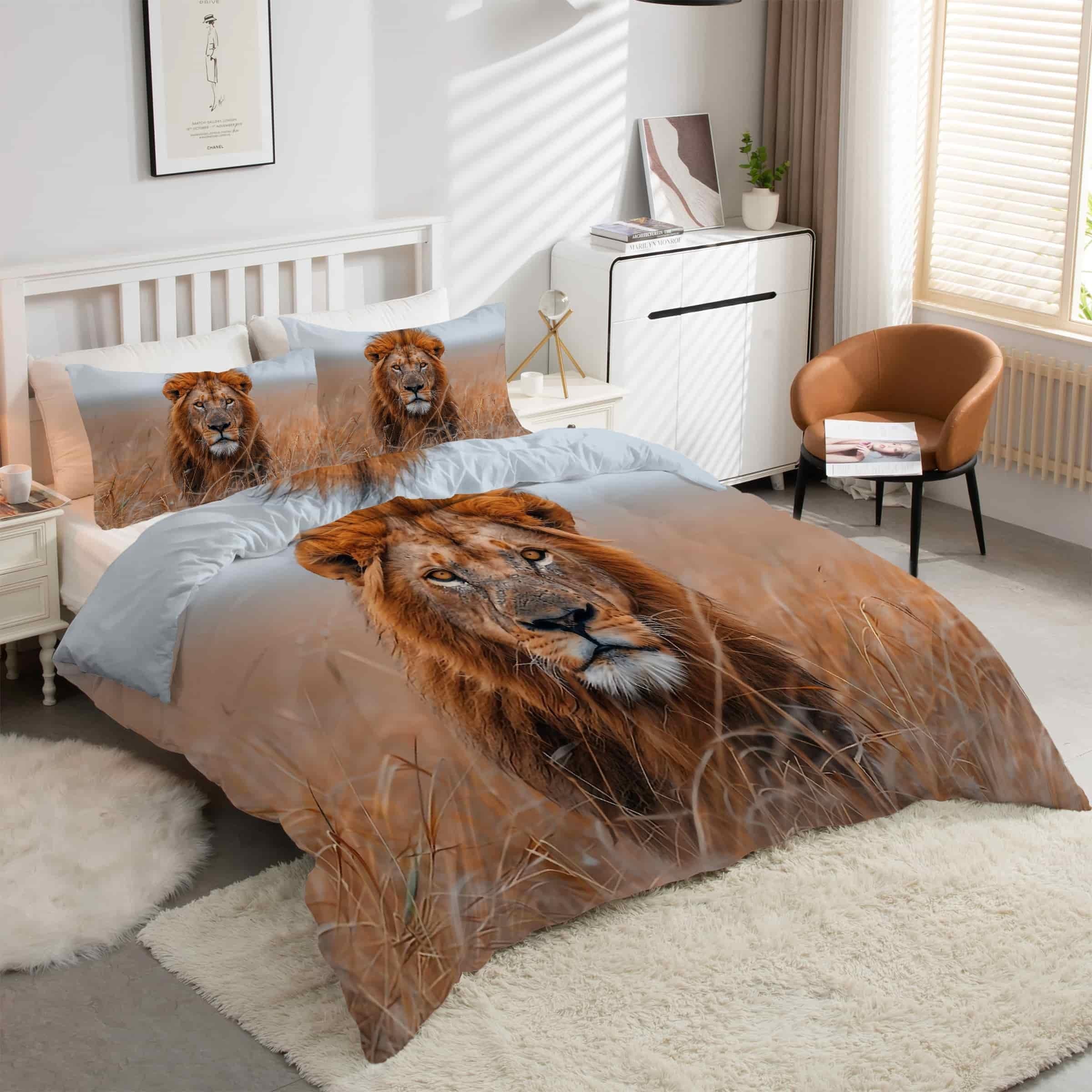 Housse de Couette 200x200 Animaux Sauvages Lion avec fermeture éclair et 2 taies