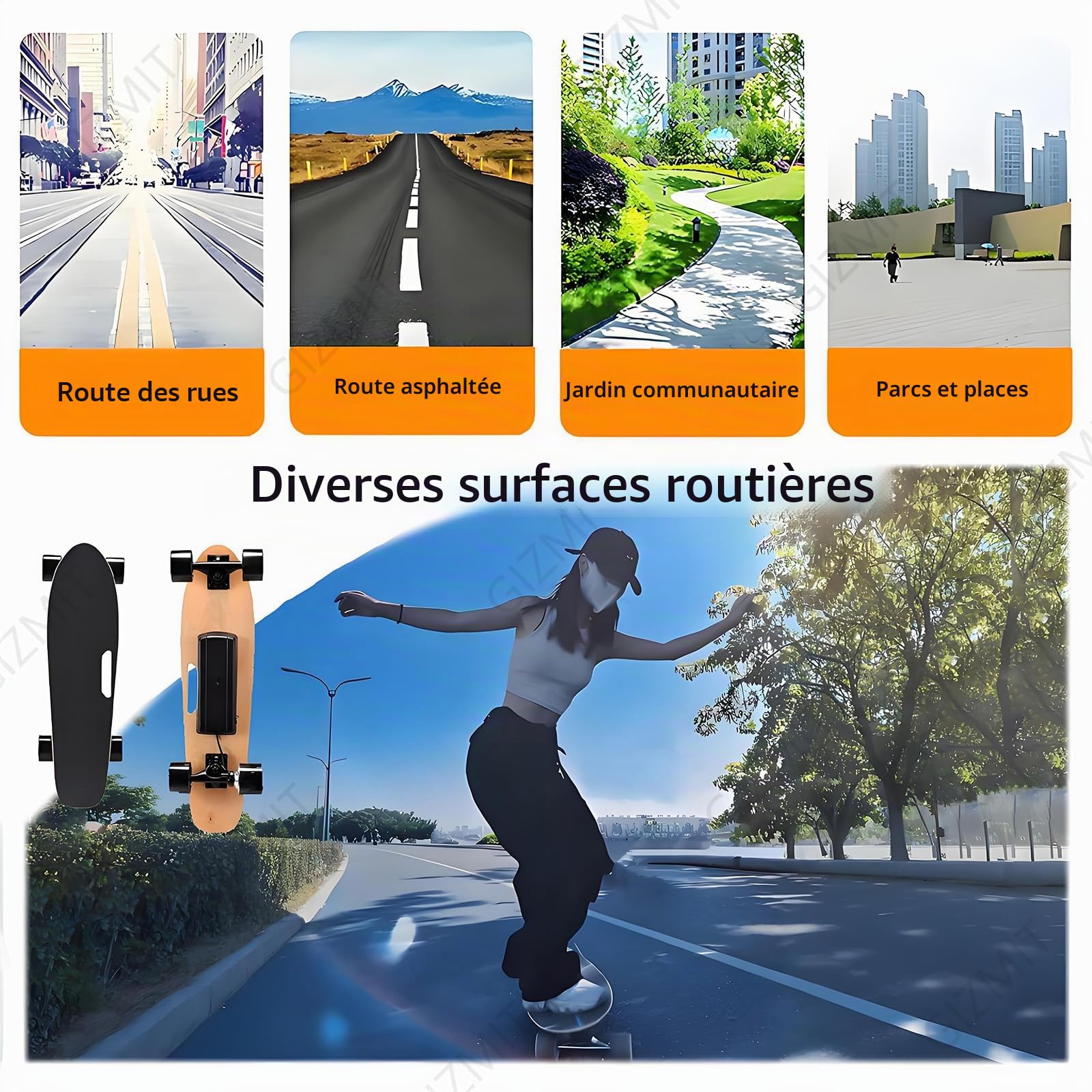 Skateboard électrique 24 km/h, Longboard électrique, autonomie de 13 km, Moteur sans balais 450 W avec télécommande sans Fil, Plateau en érable 7 Plis