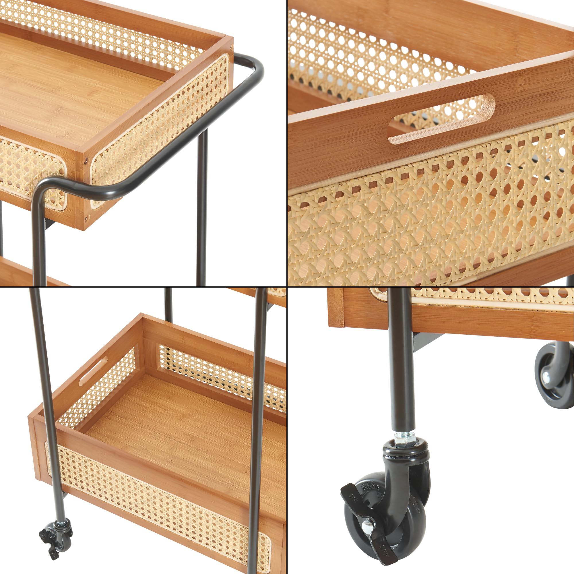 [en.casa] Carro de Servicio Tervola con 2 Cestas Carrito de Cocina Estantería de Baño con 4 Ruedas Multiusos Versátil Resistente Metal/Bambú 81x61x39cm - Negro/Efecto Ratán