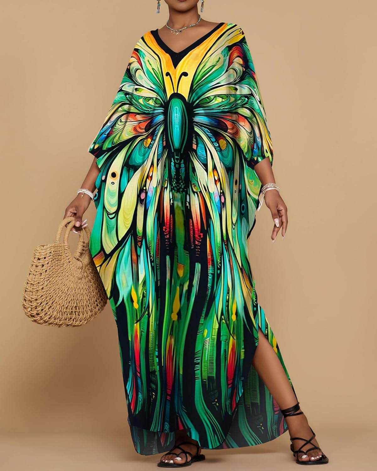 Bsubseach Kaftan Dresses for Women Floral Print Caftans Bathing Suit Cover Ups Plus Size Long Beach Coverup Dress - Image 5