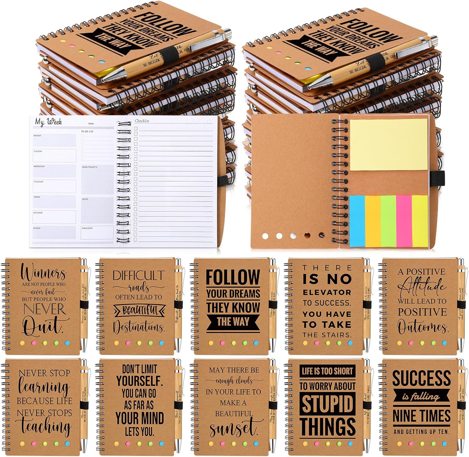 60 Pcs Employee Appreciation Gifts Bulk - 30 Sets Inspirational Spiral Notebooks with Motivational Pens, Weekly Planner with Notepad for Coworkers Nurse Teacher Volunteer Social Worker Gifts
