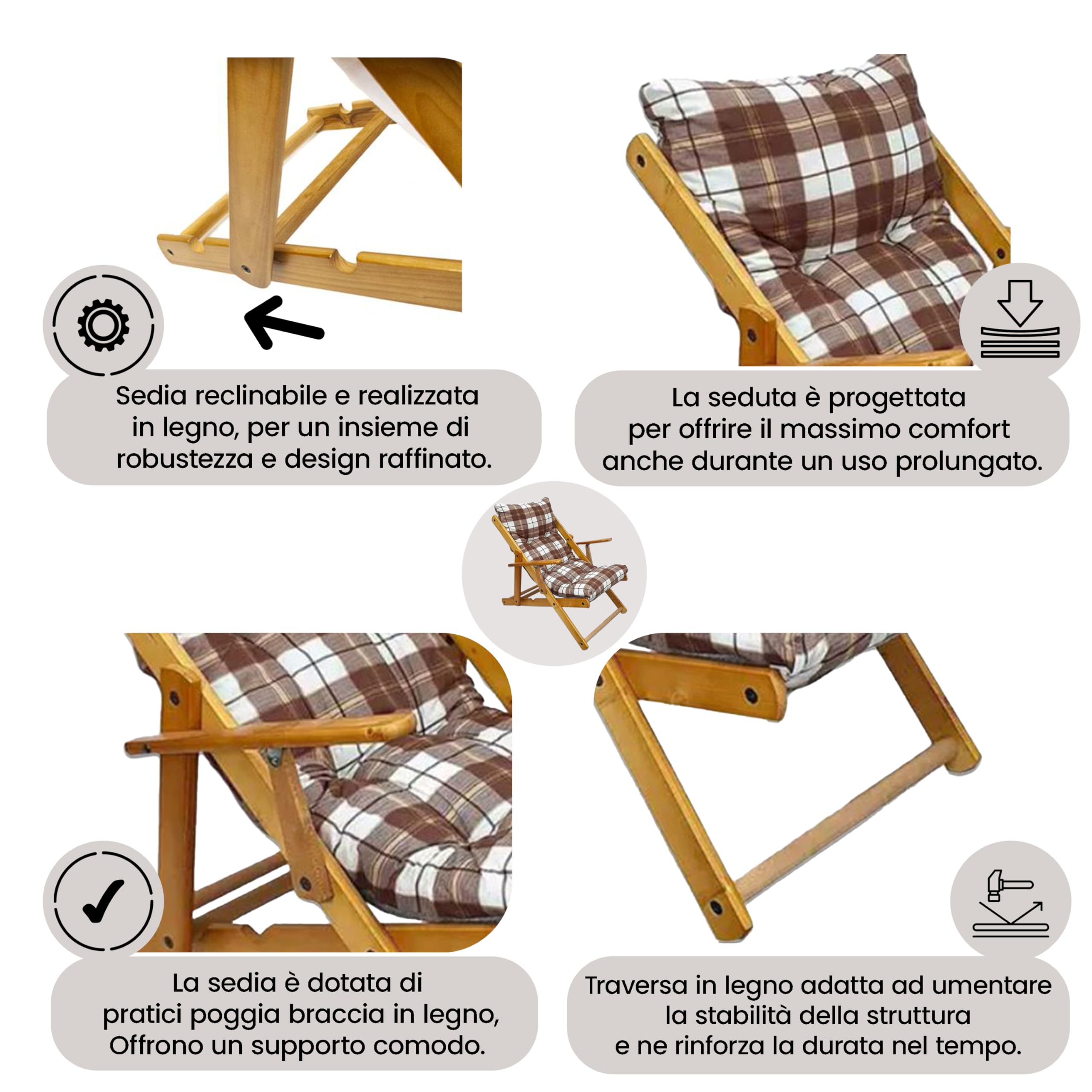 MAURY'S Poltrona Sdraio Harmony Relax w Legno 3 posizioni z Cuscino Imbottito (Scozzese)