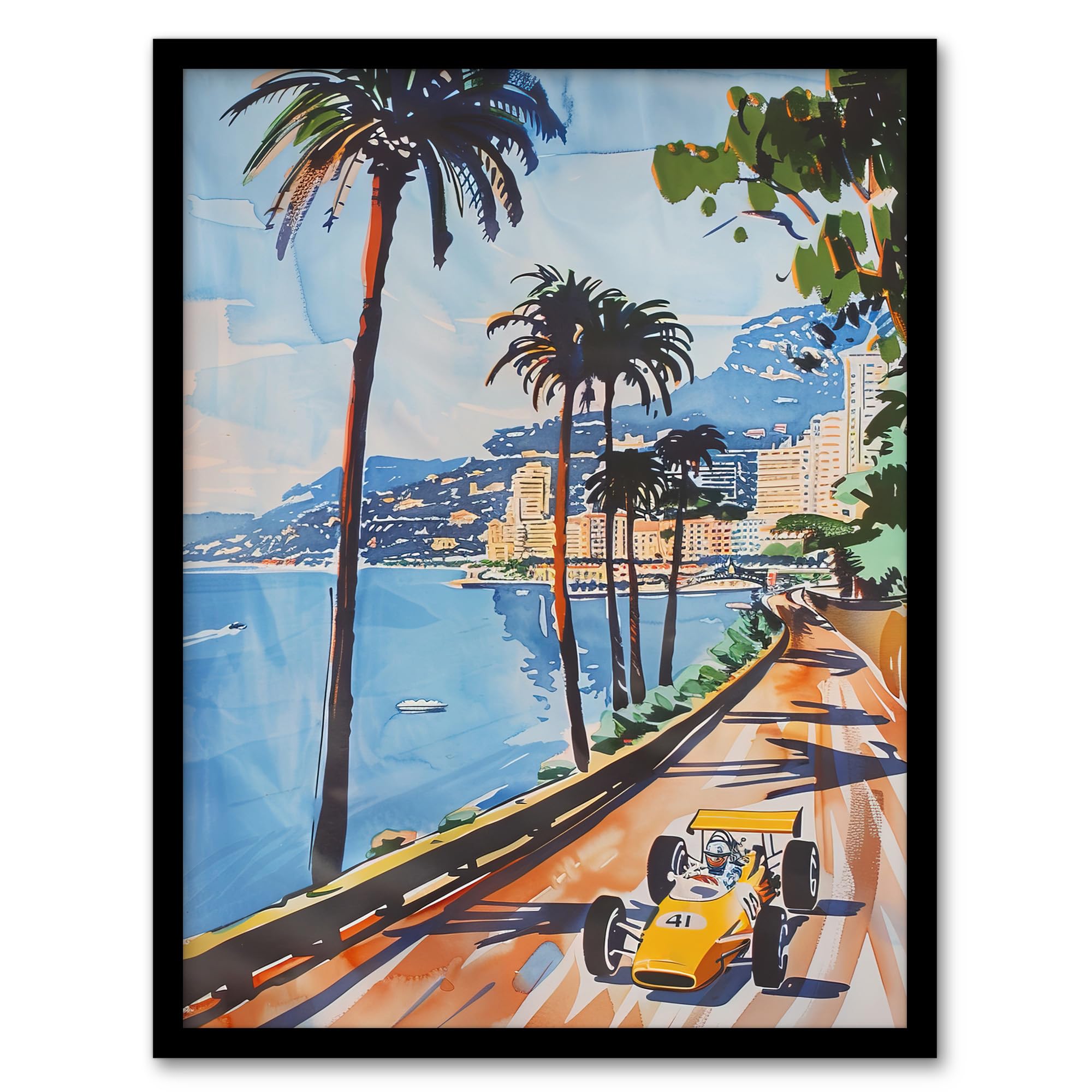 Artery8 Motor Sport Race Monaco Watercolour 1973 Vintage Man Cave Artwork Framed Wall Art Print A4