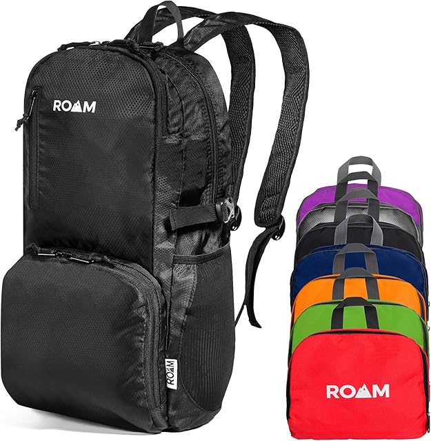 Roam Packable Backpack Rucksack - Lightweight Foldable Daypack Water-Resistant, 25L, Durable Tear-Resistant Nylon Weave - Daypack for Travel, Hiking, Backpacking, Camping, Outdoors, Beach,