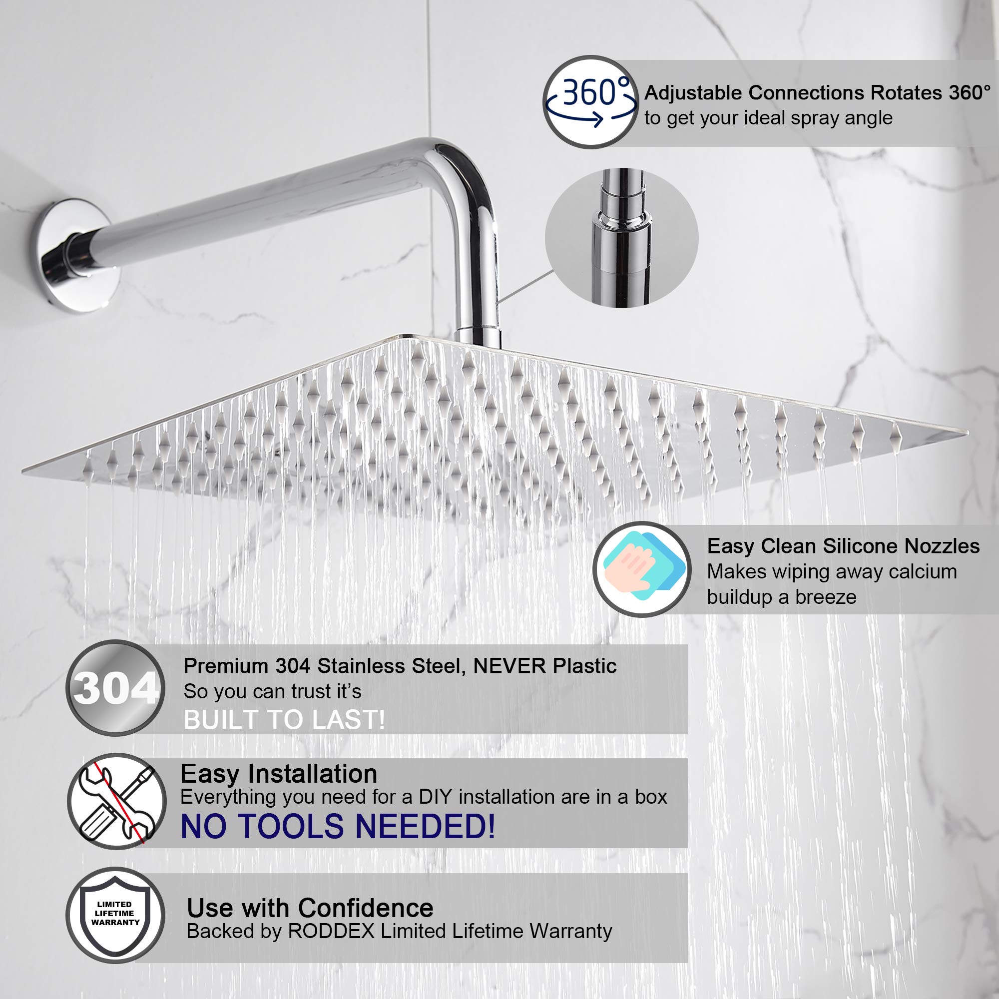 RODDEX Square Rain Shower Head, High Pressure Rainfall Showerhead, Large Fixed Stainless Steel Polished Chrome Shower Rain, 12 Inch Rainhead + 15 Inch Extension Arm