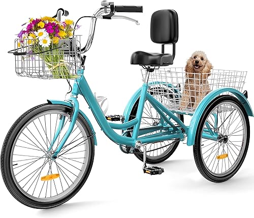 Miniatura 7 de YITAHOME Triciclo para adultos, bicicletas de 3 ruedas de 24 y 26 pulgadas, bicicleta de triciclo de 1 velocidad para adultos con cestas extraíbles,