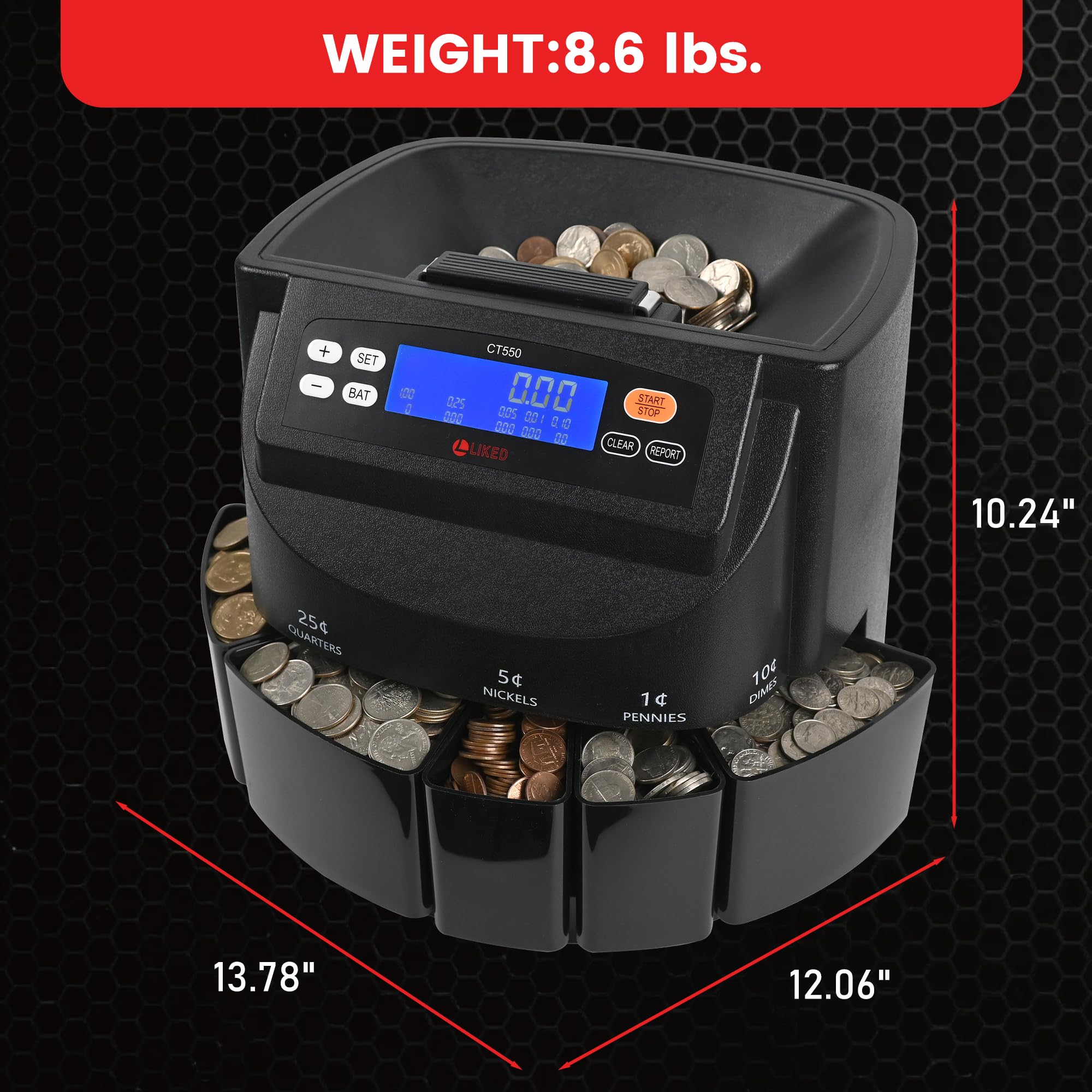 L LIKED CT550 USD - Clasificador de monedas, contador y máquina envolvente, clasificación precisa para níquel, centavos, cuartos, centavos, dólares, viene con 50 envoltorios realizados, 270 monedas
