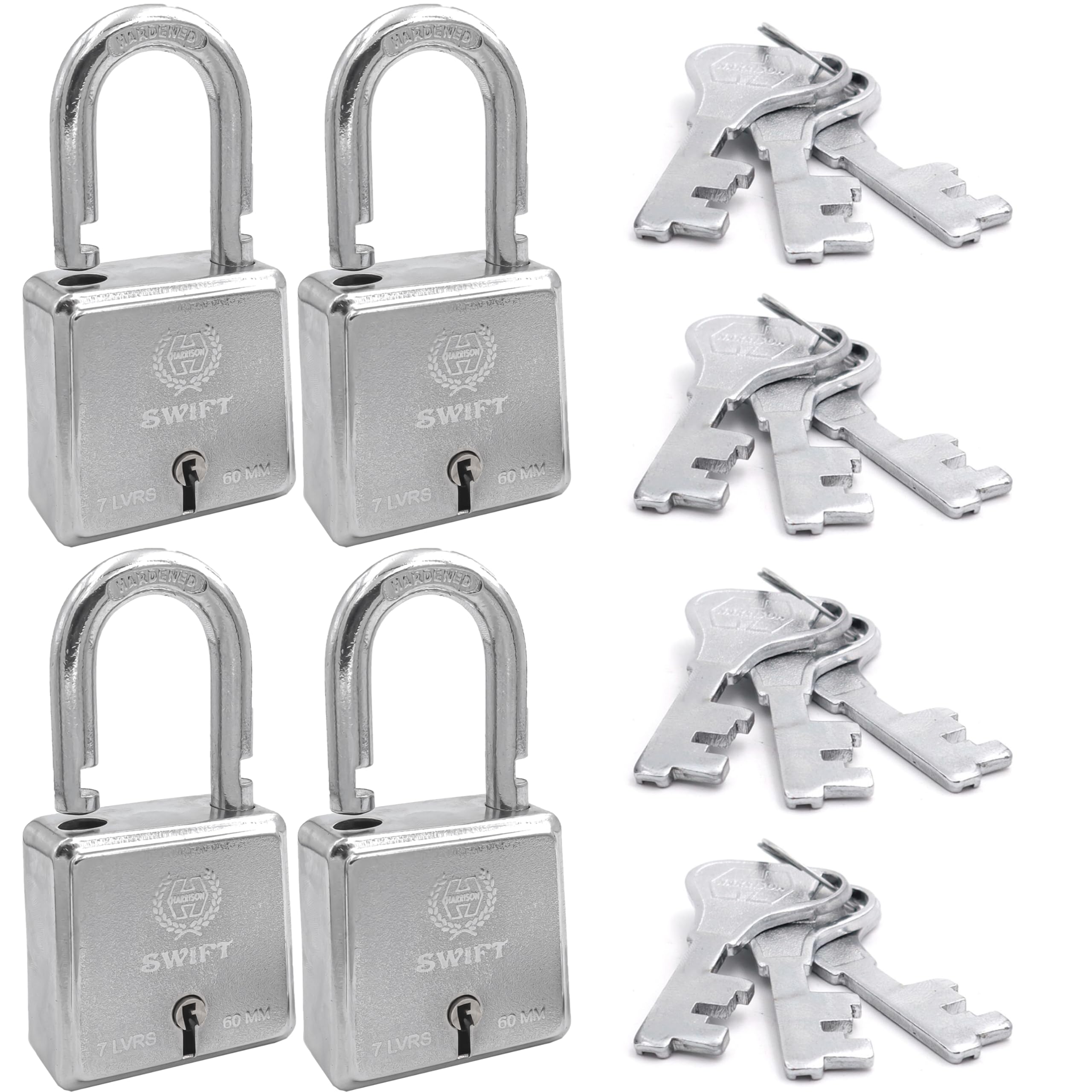 Harrison Padlocks/Square Padlock 60mm 7 Lever with 3 Keys SWIFT-0229 Pack of 4/ Mild Steel Material/Bright Chrome Plated Finish/Door Lock, Shutter Lock, Godown Lock, gate Lock (B0CVDW9B8P) Amazon Price History, Amazon Price Tracker