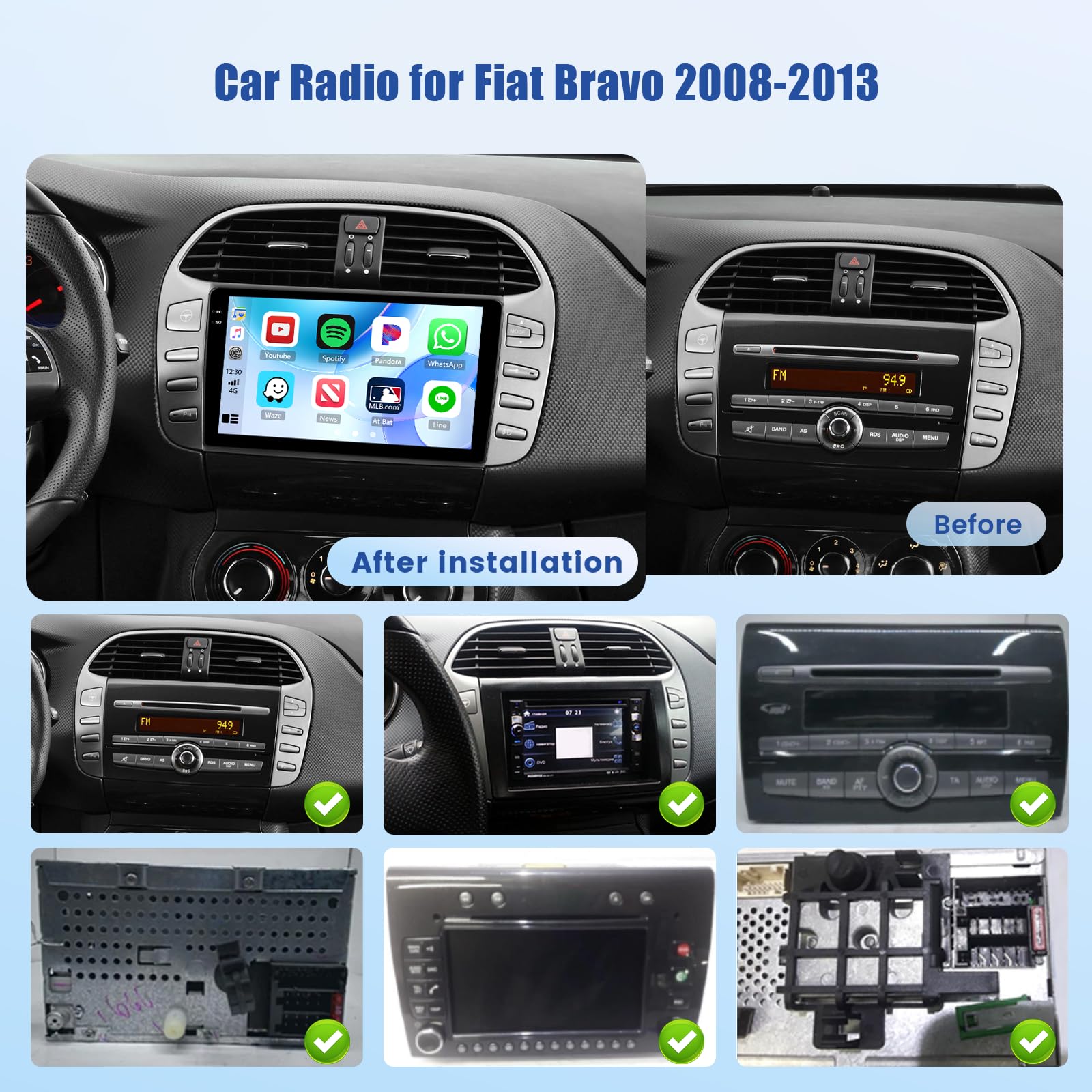 [4G+64G] Inefala Android 15 Radio Coche para Fiat Bravo 2008-2013 con Wireless Carplay Android Auto, 9" Pantalla Autoradio con GPS WiFi RDS/FM Bluetooth EQ SWC Cámara Trasera Mic