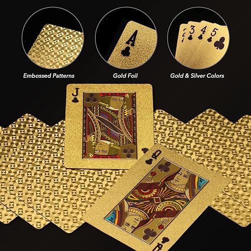 Miniatura 6 de INTEGEAR 2 barajas de cartas de juego, tarjetas de póquer con estampado 3D dorado en relieve de plástico PET impermeable cartas de juego de trucos