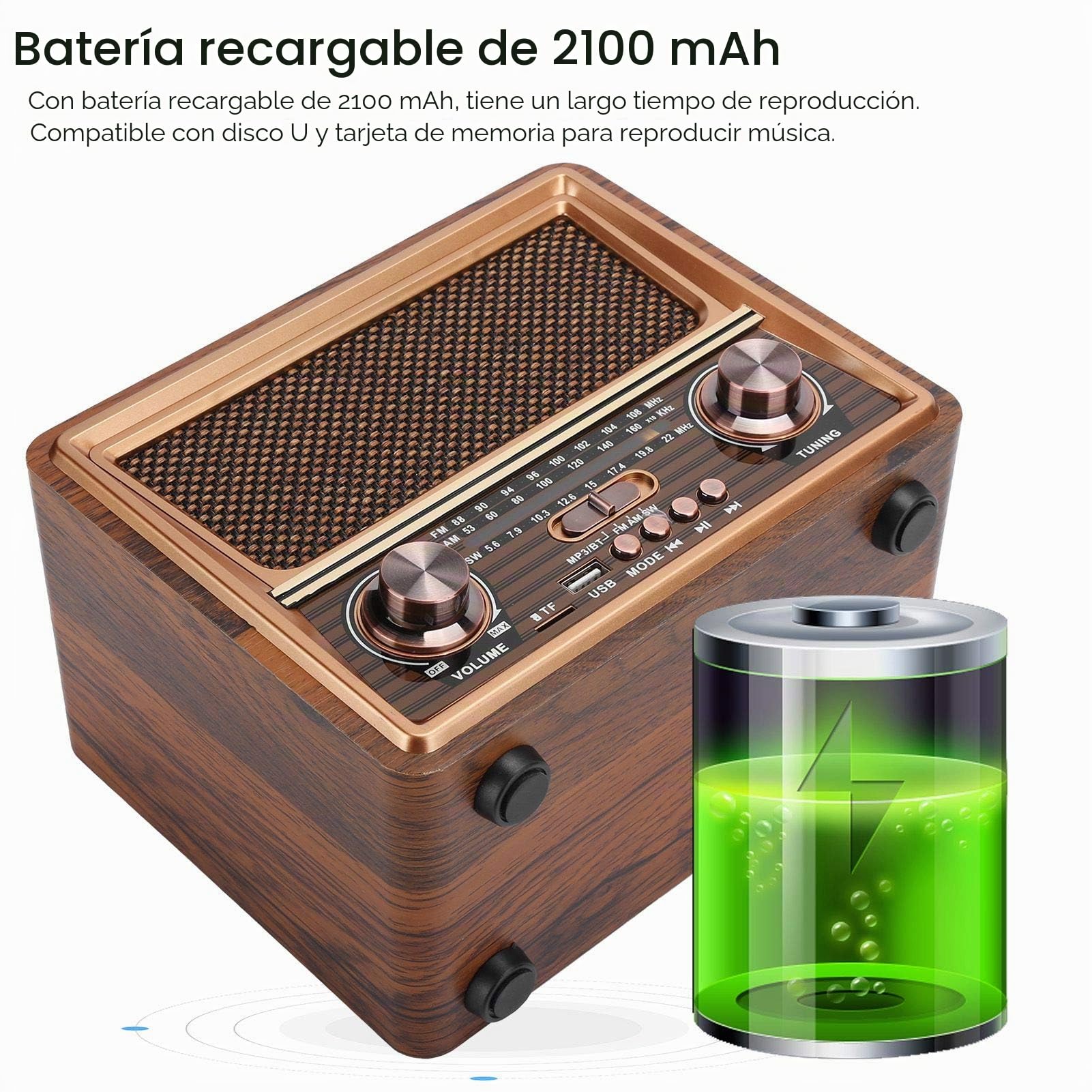 T osuny Radio FM/Am/SW Retro Madera Radio, Reproducción Bluetooth, Altavoz de 3W, Reproductor MP3, Altavoz inalámbrico portátil de Madera Recargable, Regalo para los Padres(220 V)