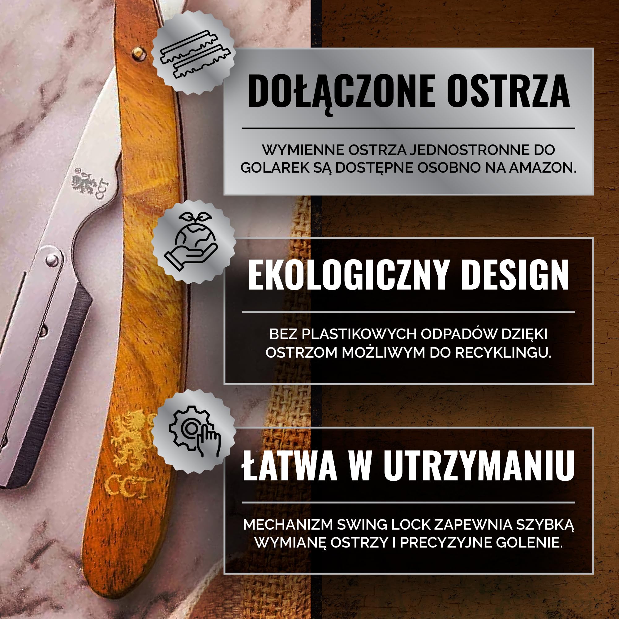 Profesjonalny zestaw brzytwy The Cambridge Cutthroat® Missanda z Drewna i Stali Nierdzewnej, brzytwa z pojedynczym ostrzem premium, do stylizacji wąsów i brody, z etui podróżnym