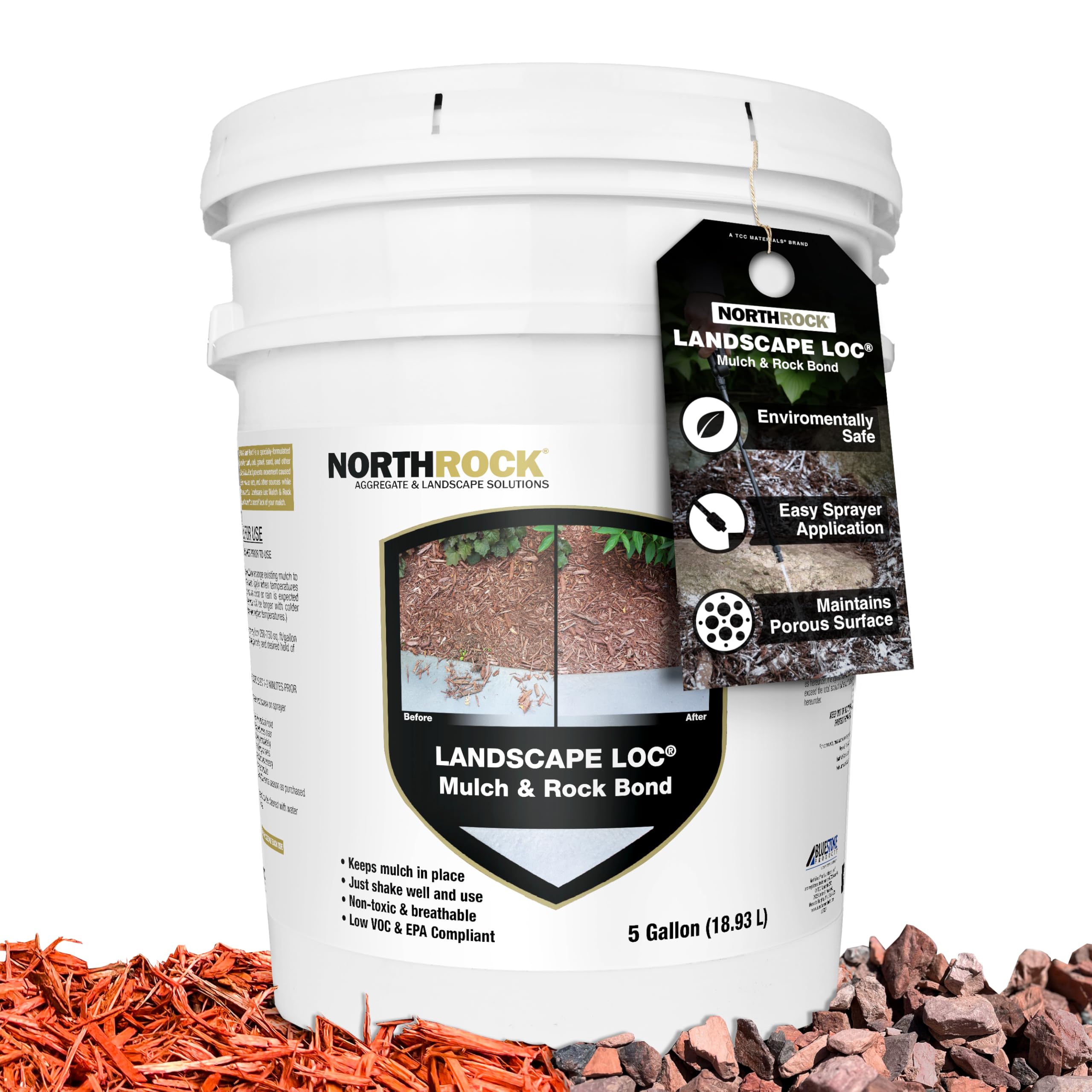 Mulch & Rock Bond - Binder for Mulch, Rock, Bark, & Pea Gravel, Safe for Plants & Pets, Strong Stabilizing Glue (5 Gallon)