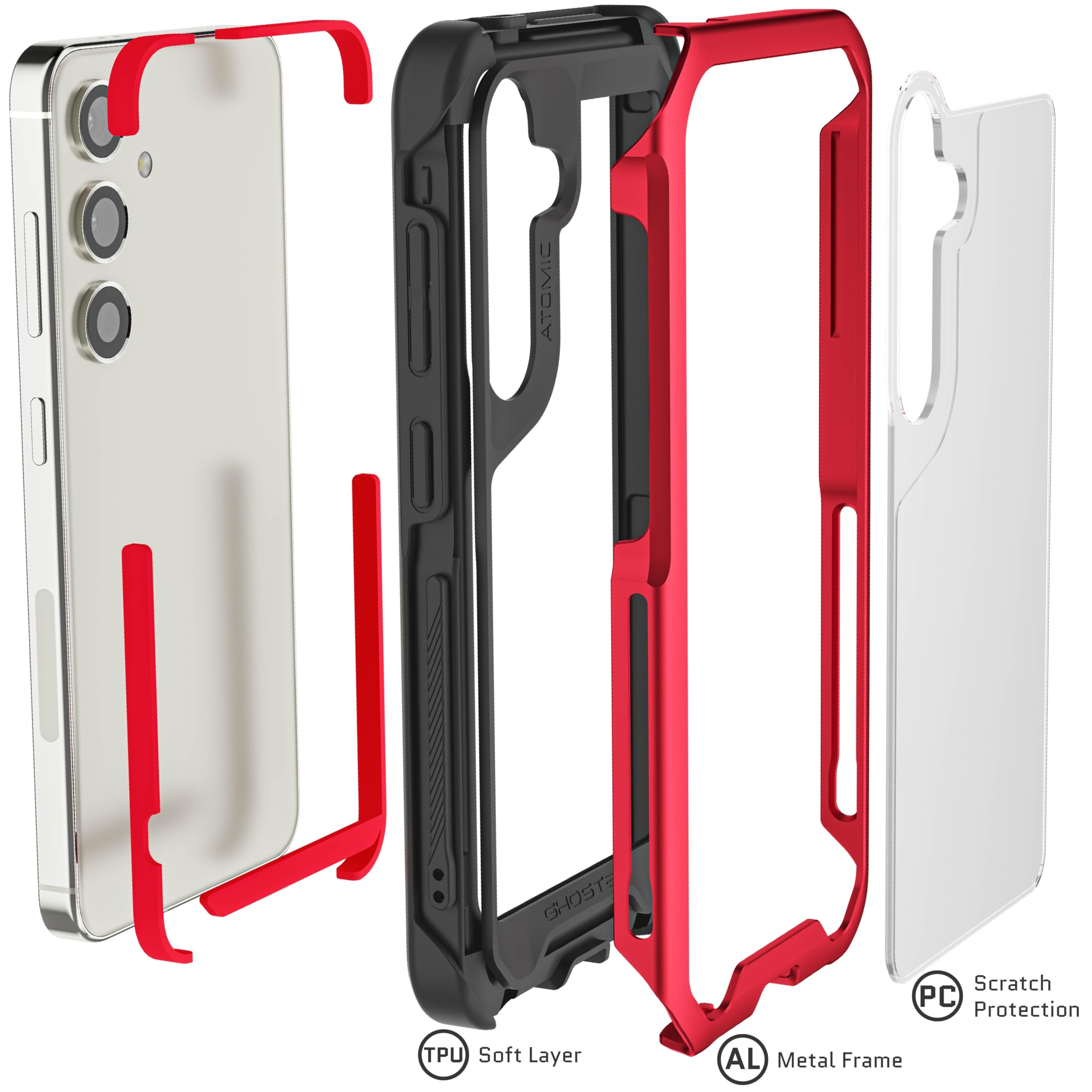 Ghostek Atomic Coque fine pour Galaxy S24 avec pare-chocs en aluminium de qualité militaire, dos transparent et coque de téléphone compatible avec le chargement sans fil conçue pour Samsung Galaxy S24