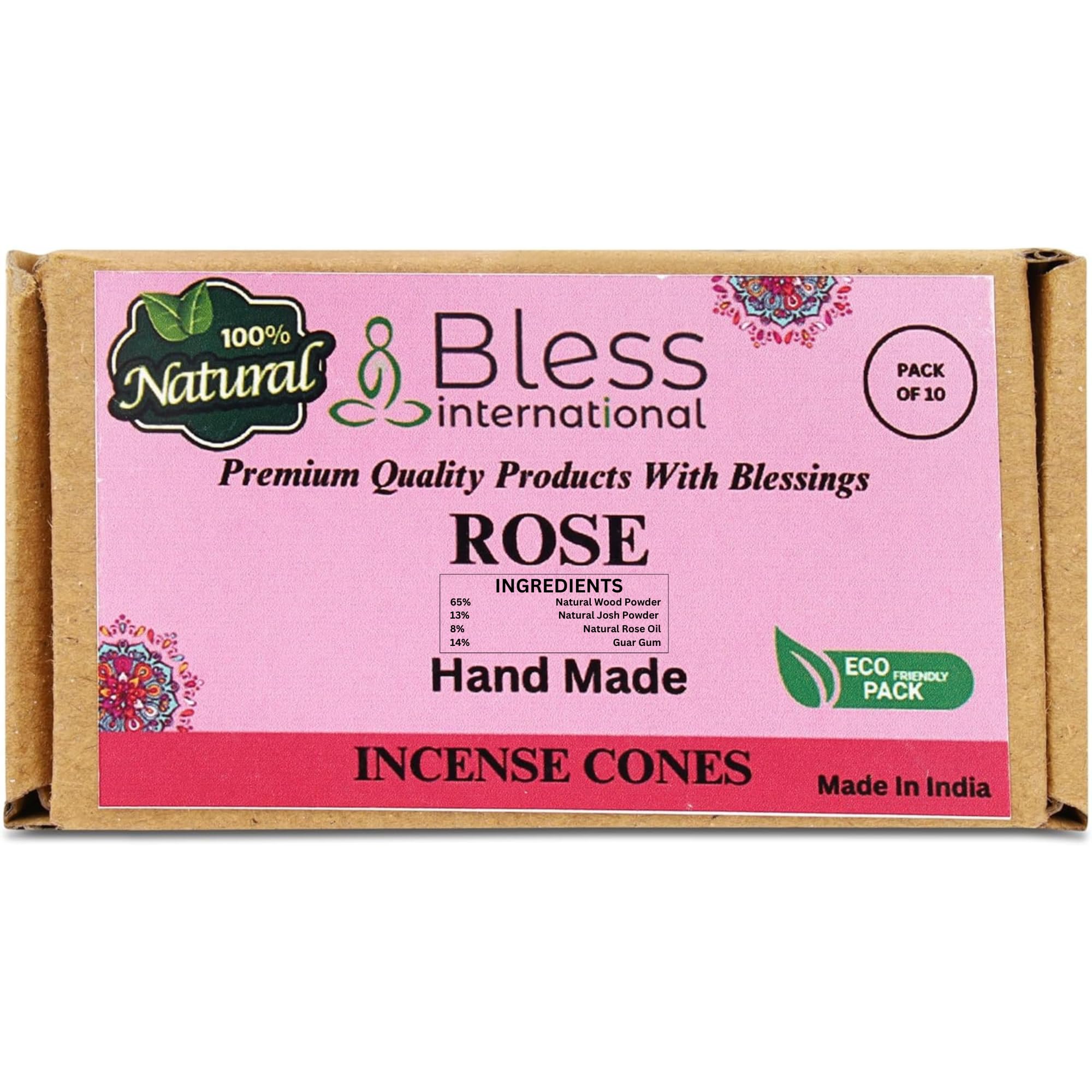 Bless International Rose 100%-Natural-Incense-Cones Handmade-Hand-Dipped Organic-Chemicals-Free for-Purification-Relaxation-Positivity-Yoga-Meditation The-Best-scents (10 Count)