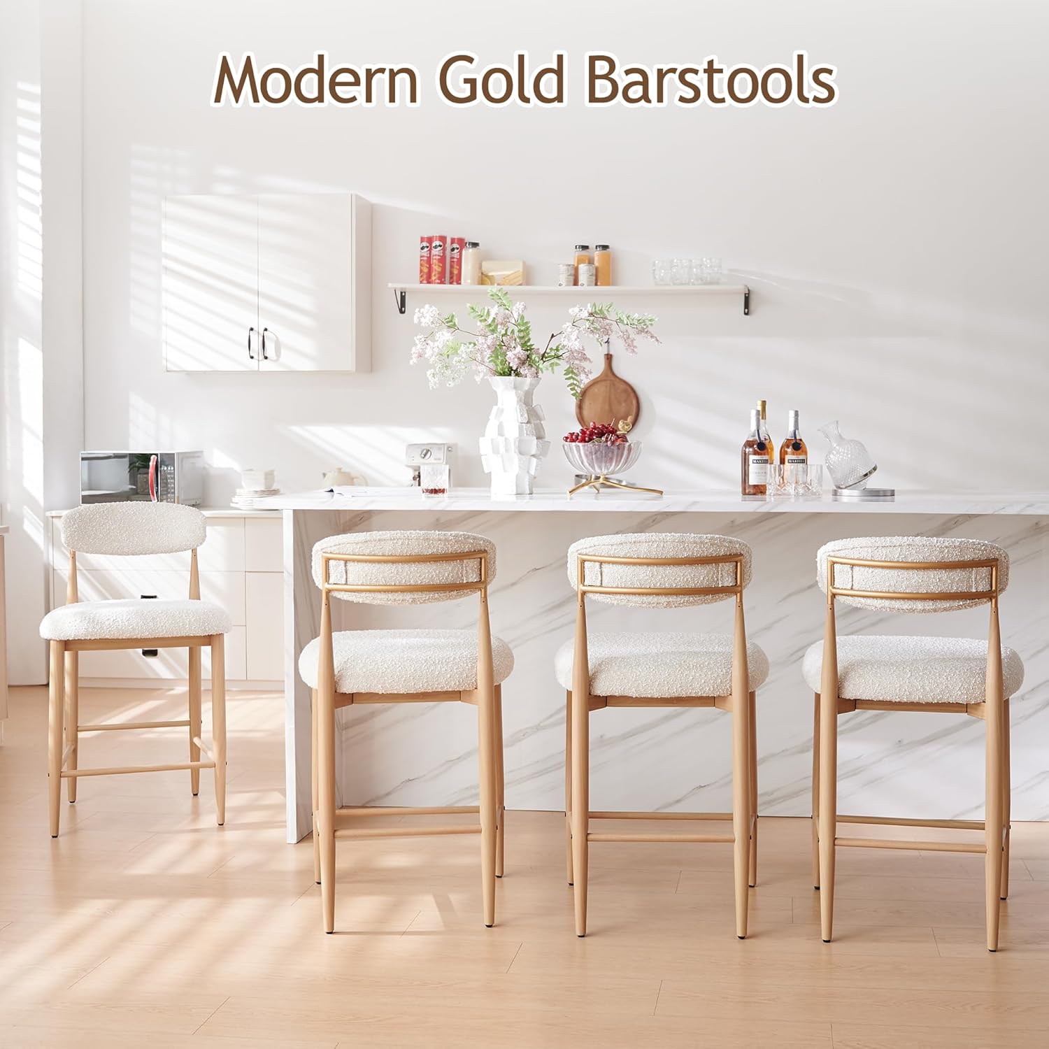 Morden Fort Counter Stools Set of 4 with Boucle Upholstered Seats, 26''H Counter Height Barstools, Kitchen Island Barstools with Gold Curved Back & Wood Grain Legs, Modern Dining Room Bar Chairs White