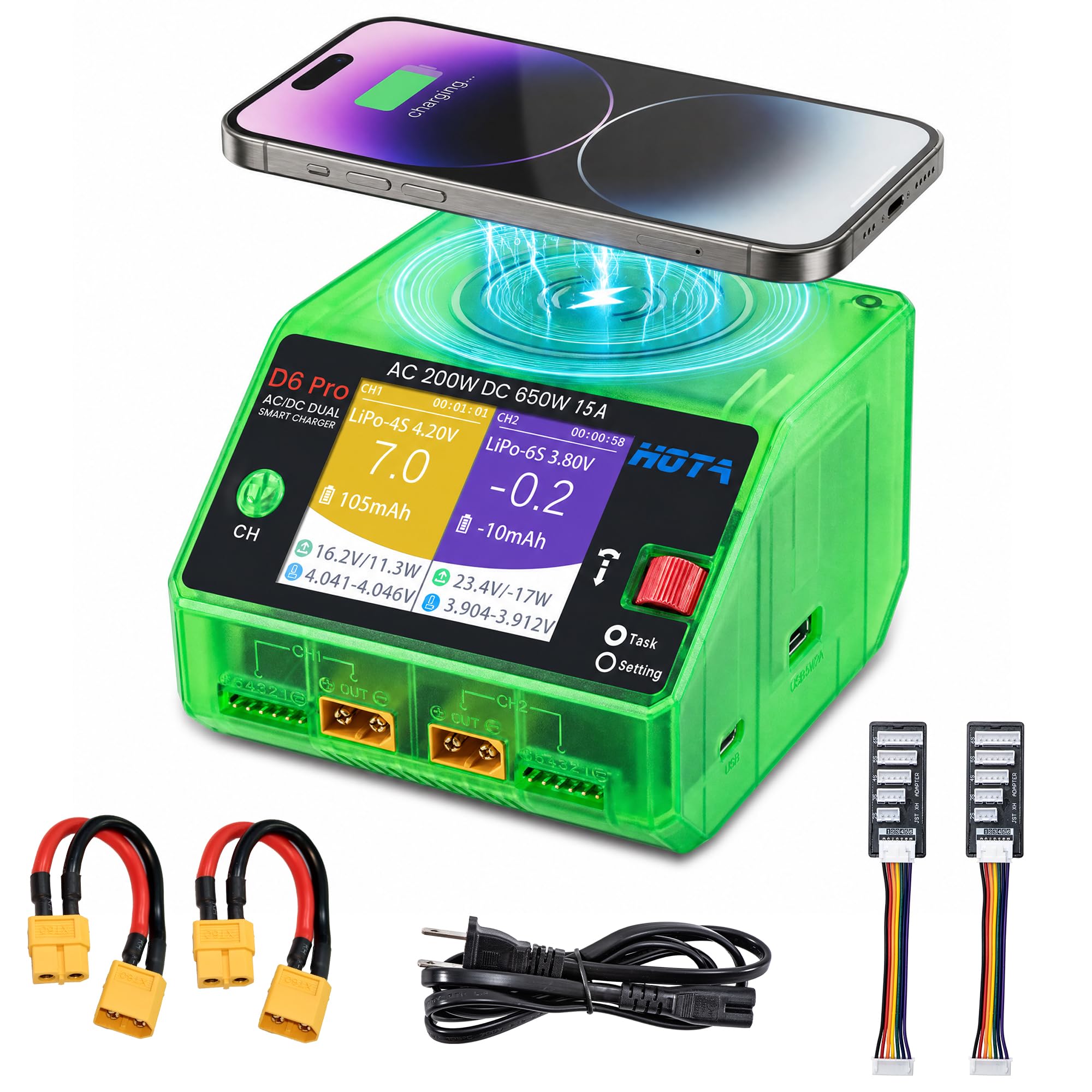HOTA D6 Pro Caricabatterie LiPo, Caricatore Bilanciato Doppio Canale 15A AC200W DC650W con pannello di ricarica wireless uscita USB,per batterie 1-6S LiPo LiHV NiMH Pb RC Auto Barca FPV