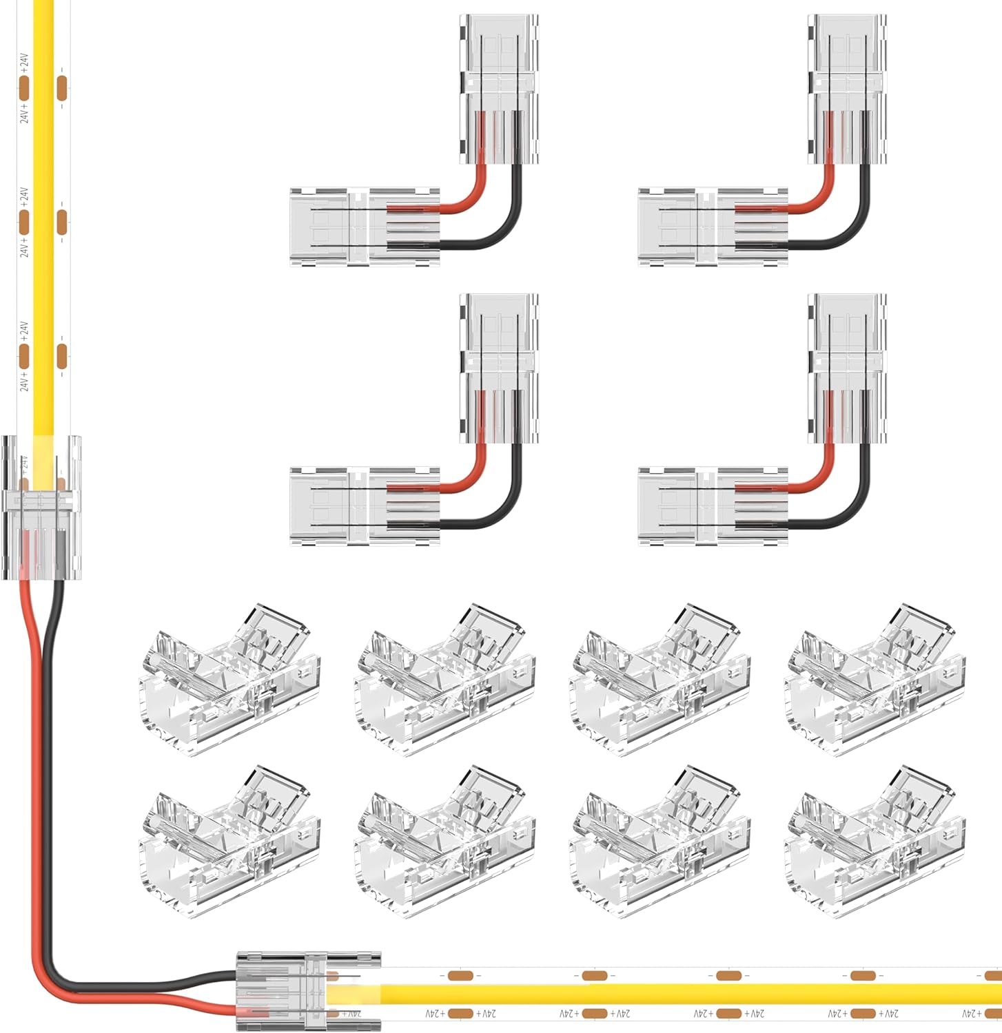 PAUTIX 8pcs 2-Pin 8mm COB LED Strip to Wire Connector Unwired Clips Solderless Adapter Terminal Extension Connection,4pcs L-Shaped Connectors for LED Strip Lights 12V 24V (Pack of 12)