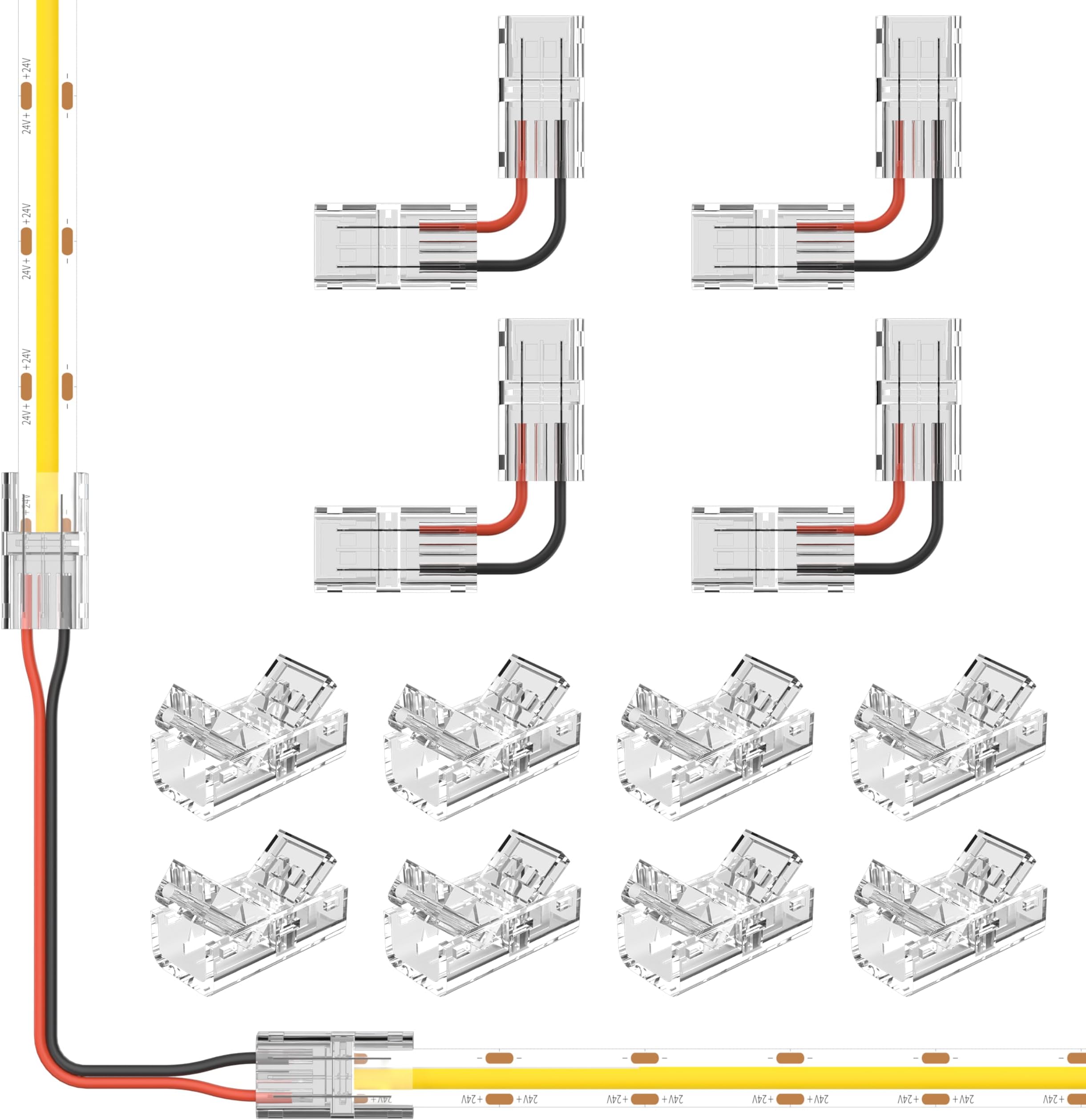 PAUTIX 8pcs 2-Pin 8mm COB LED Strip to Wire Connector Unwired Clips Solderless Adapter Terminal Extension Connection,4pcs L-Shaped Connectors for LED Strip Lights 12V 24V (Pack of 12)