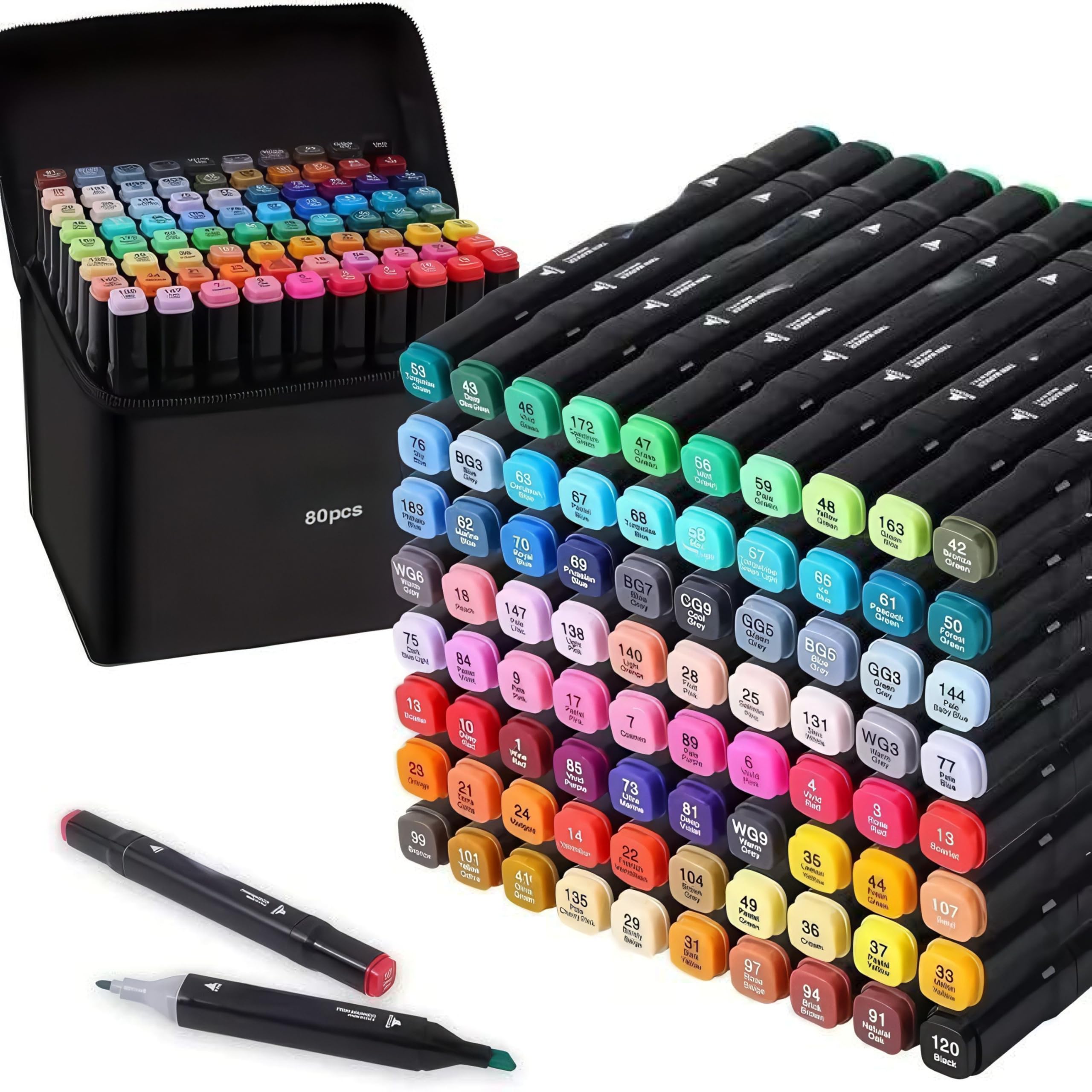 RLS 80Pcs Colored Marker Set, Paint Pens, Colouring Pens for Kids & Adults, New Generation Dual Tip, Artist Marker Pens for Drawing, Sketching, with Carrying Case and Storage Base