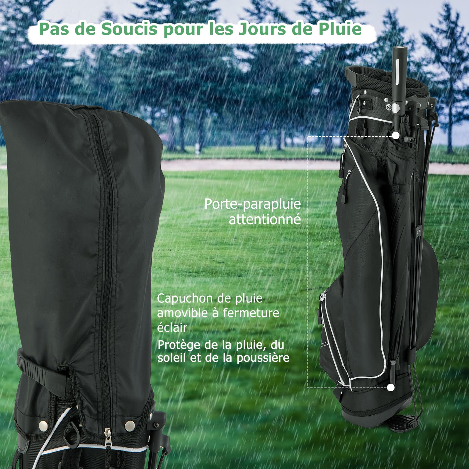 GYMAX Sac de Golf Trépied Léger, avec 4 Séparateurs pour Clubs, 4 Poches pour Tees, Boissons, Vêtements, Pieds Solide avec Patins Antidérapant, avec Capuche de Pluie