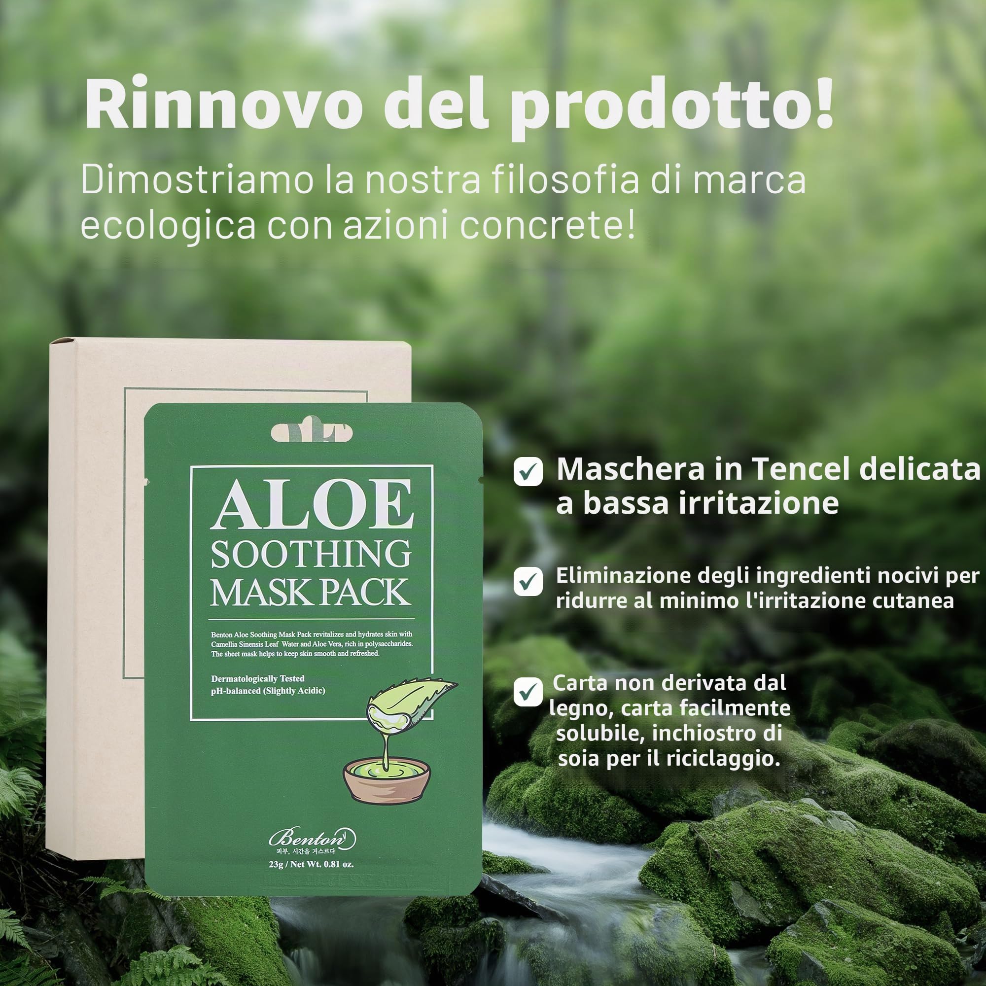 BENTON Maschera lenitiva all'aloe da 23 g, confezione da 10 – Aloe e foglie di tè verde contenute in acqua, maschera idratante e rinfrescante per il viso, fresca idratazione e effetto rinfrescante